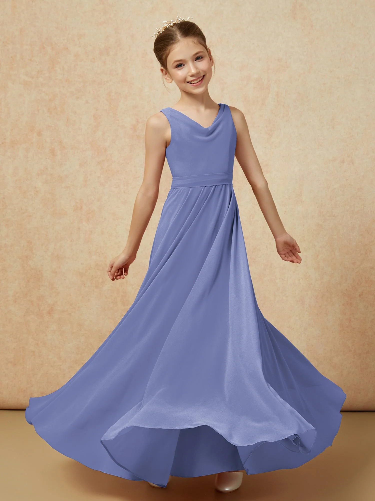 V-Ausschnitt Lang Chiffon Junge Brautjungfernkleider mit Gürtel Periwinkleblau - Image 6
