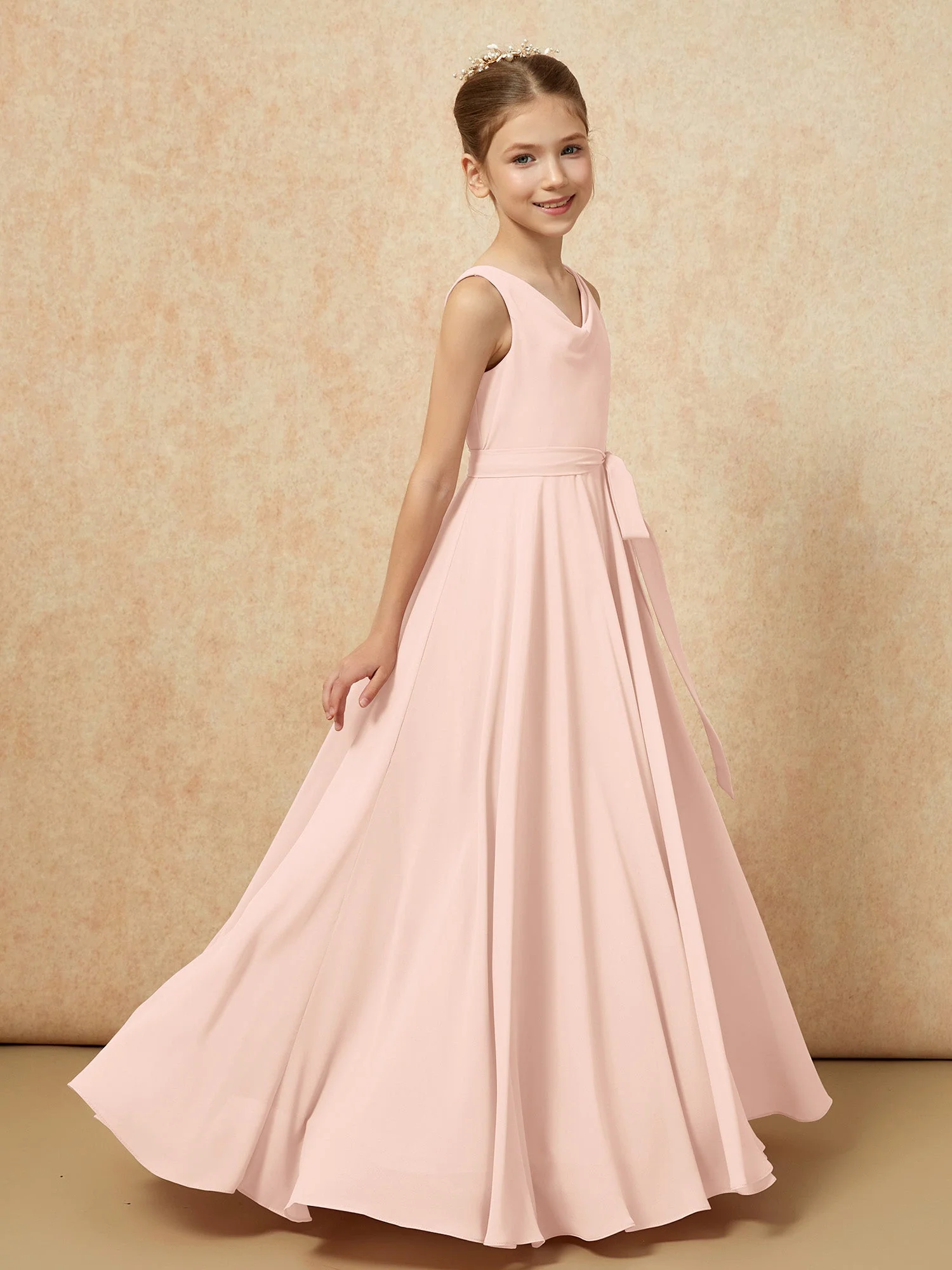 V-Ausschnitt Lang Chiffon Junge Brautjungfernkleider mit Gürtel Perlrosa - Image 3