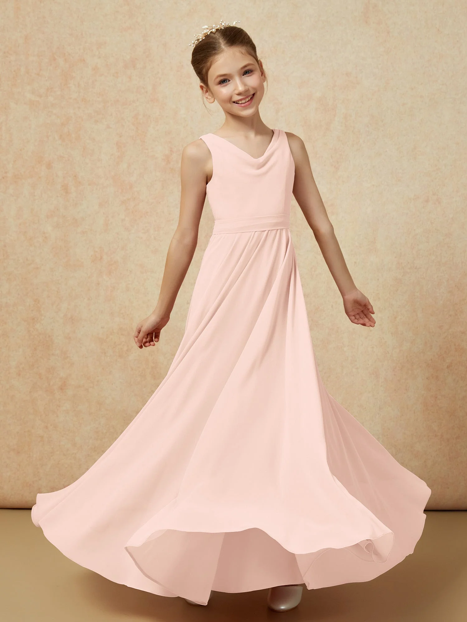 V-Ausschnitt Lang Chiffon Junge Brautjungfernkleider mit Gürtel Perlrosa - Image 6