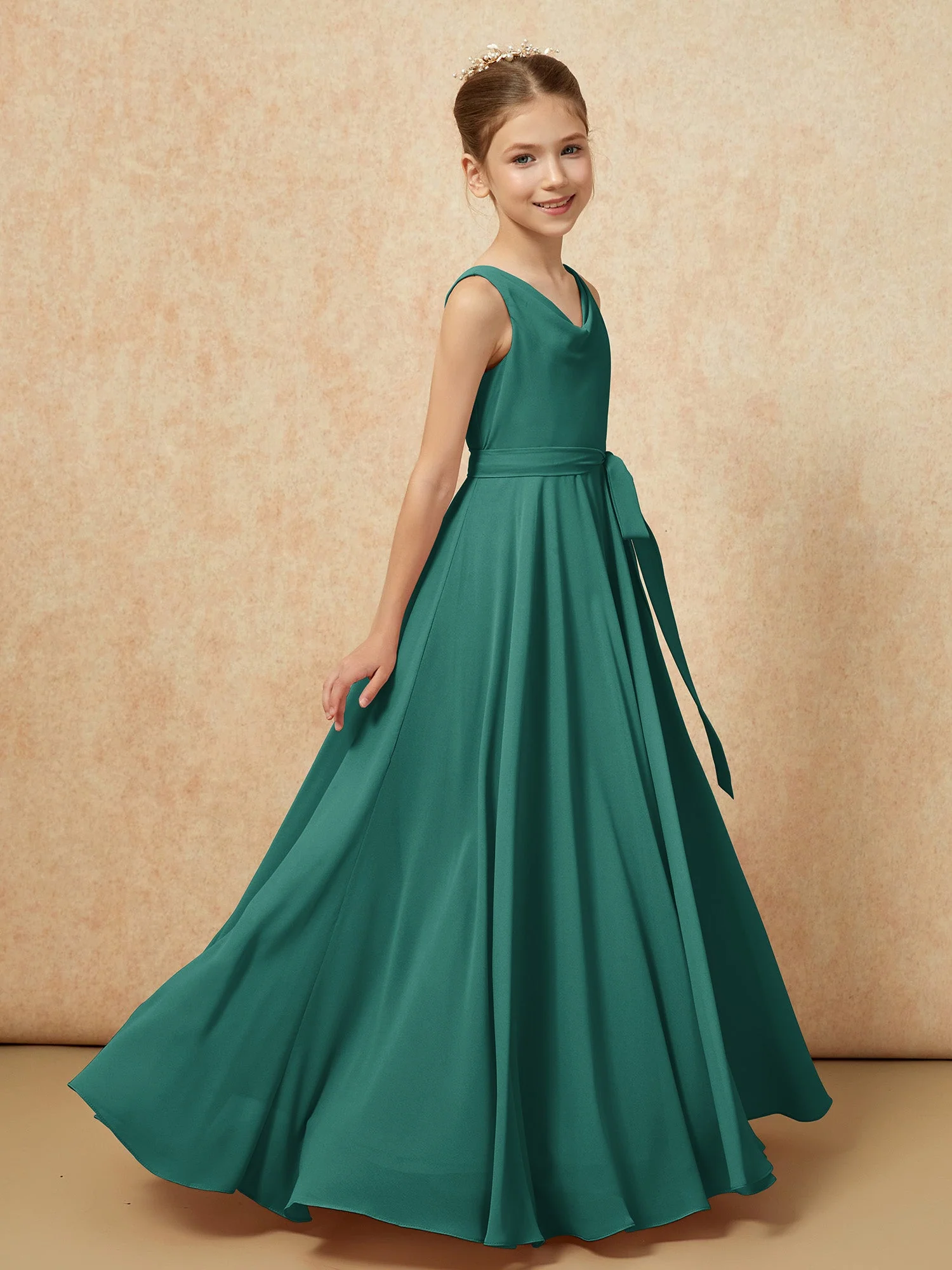 V-Ausschnitt Lang Chiffon Junge Brautjungfernkleider mit Gürtel Pfau - Image 3