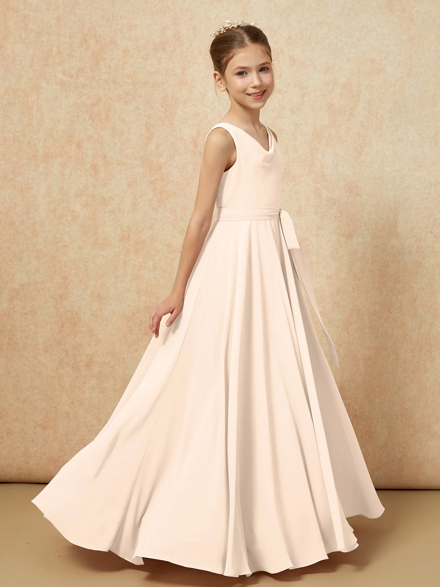 V-Ausschnitt Lang Chiffon Junge Brautjungfernkleider mit Gürtel Pfirsich - Image 3