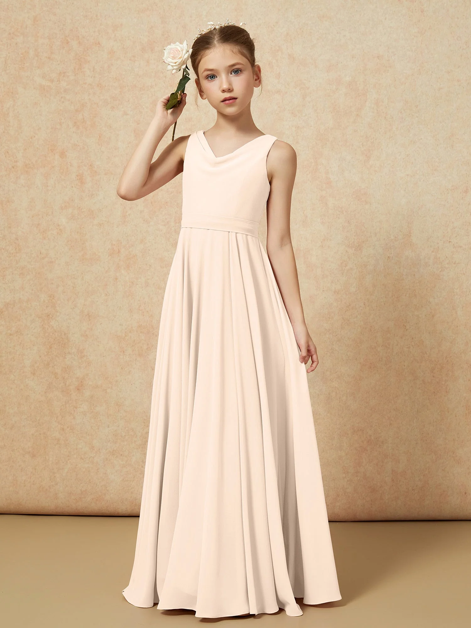 V-Ausschnitt Lang Chiffon Junge Brautjungfernkleider mit Gürtel Pfirsich - Image 4