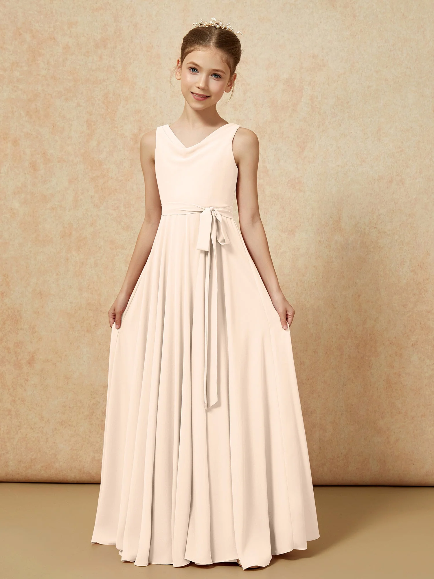 V-Ausschnitt Lang Chiffon Junge Brautjungfernkleider mit Gürtel Pfirsich - Image 5
