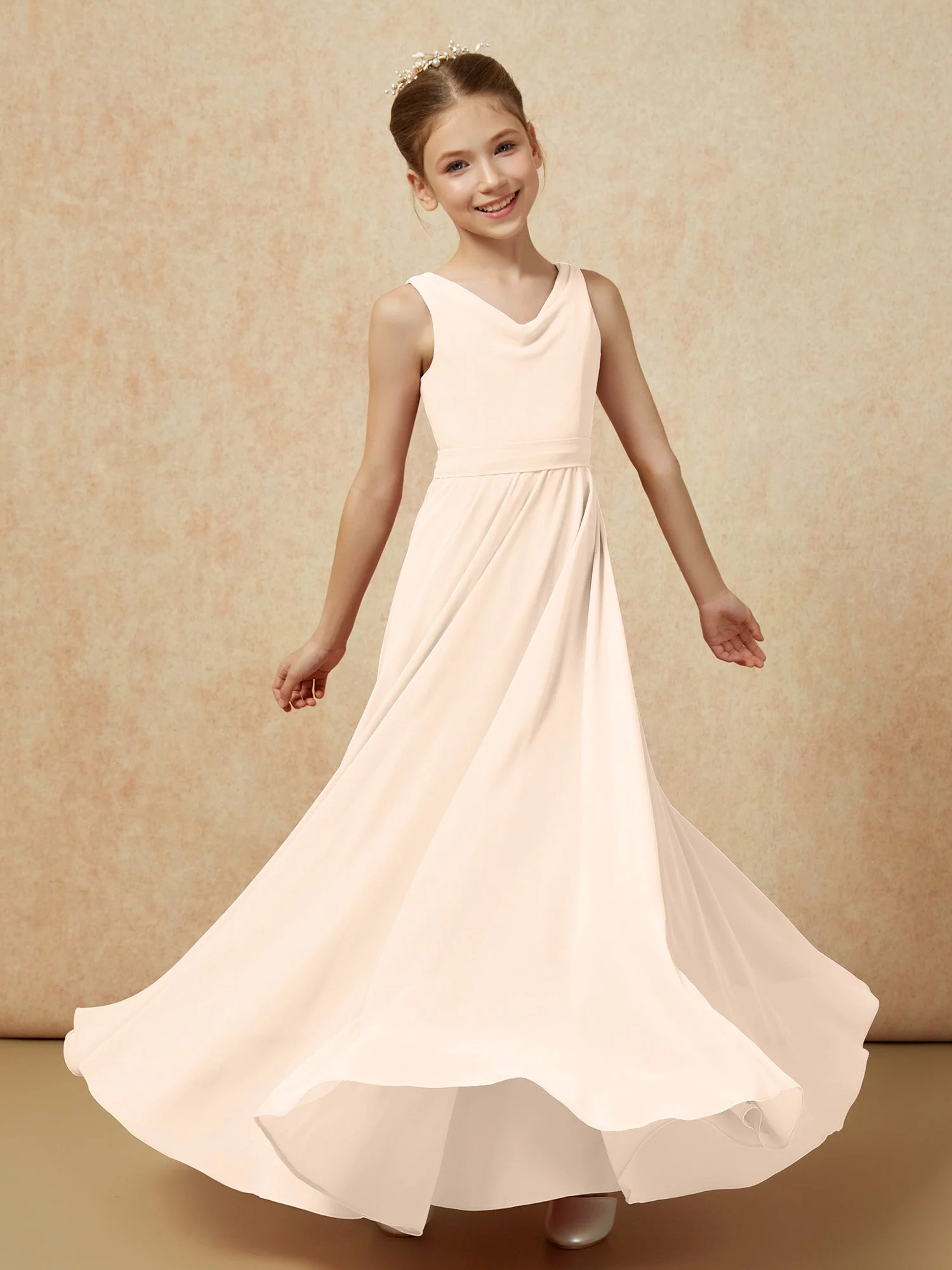 V-Ausschnitt Lang Chiffon Junge Brautjungfernkleider mit Gürtel Pfirsich - Image 6