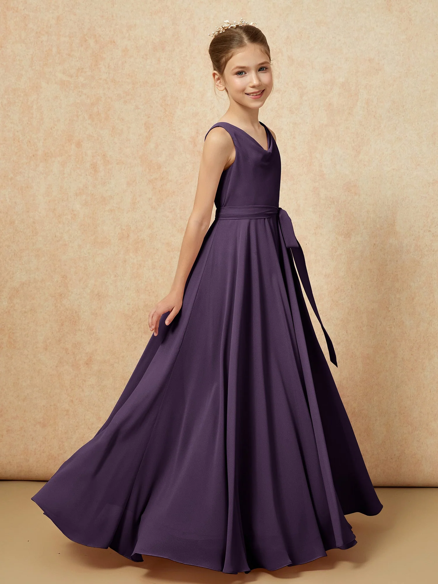 V-Ausschnitt Lang Chiffon Junge Brautjungfernkleider mit Gürtel Plum - Image 3
