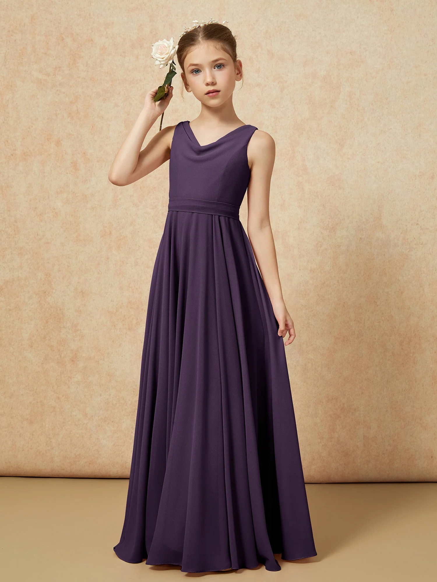 V-Ausschnitt Lang Chiffon Junge Brautjungfernkleider mit Gürtel Plum - Image 4