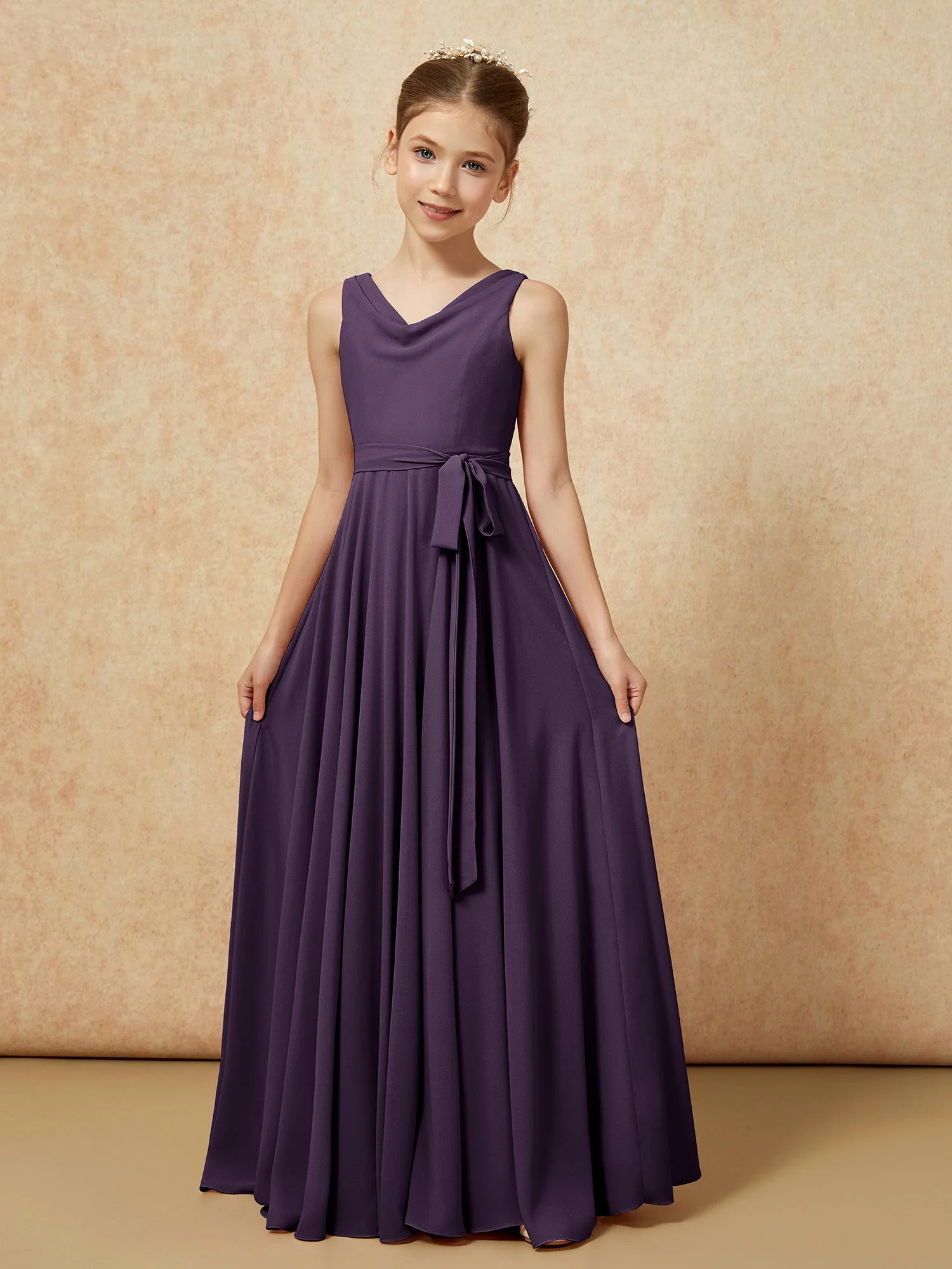 V-Ausschnitt Lang Chiffon Junge Brautjungfernkleider mit Gürtel Plum - Image 5