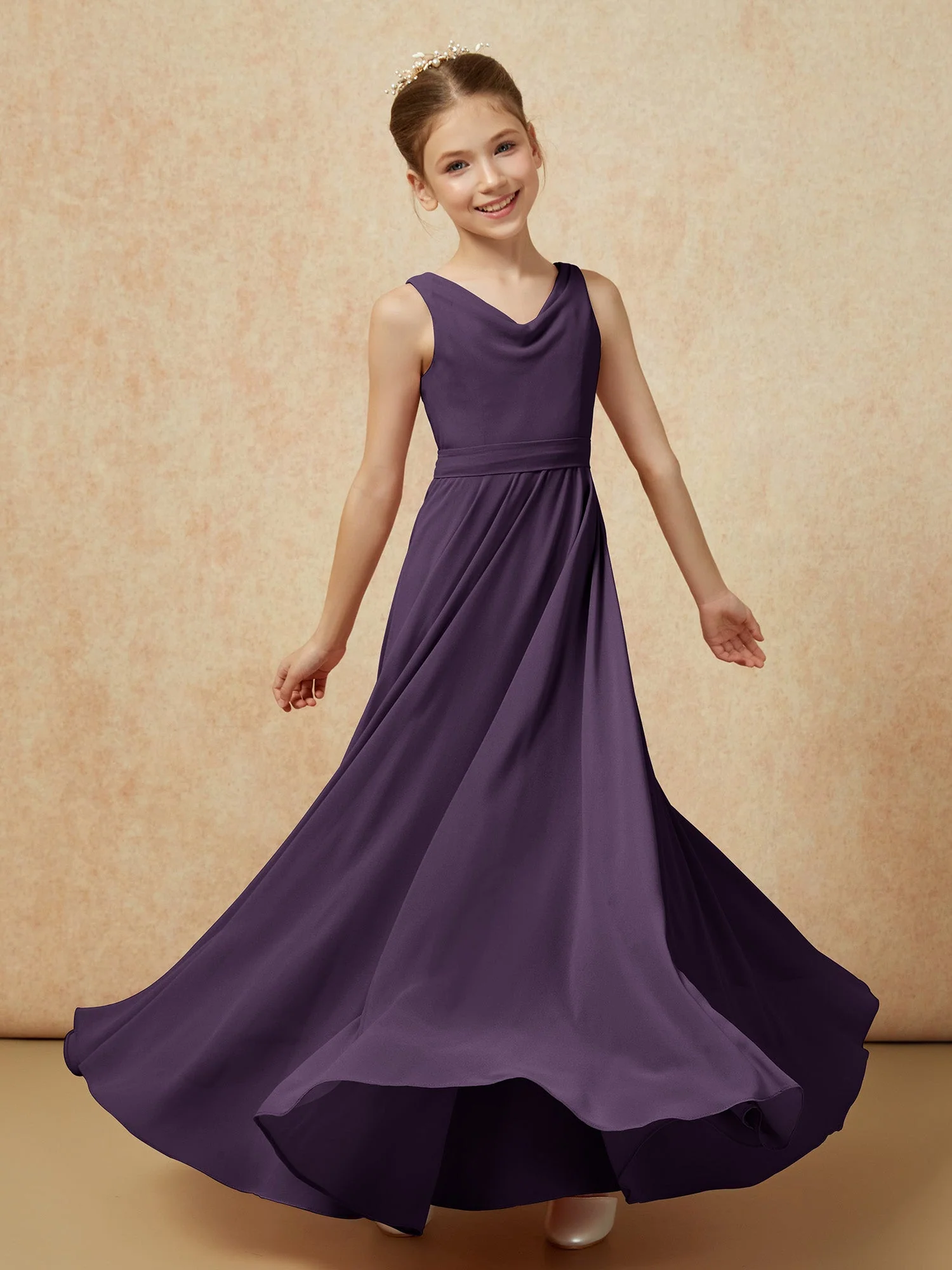 V-Ausschnitt Lang Chiffon Junge Brautjungfernkleider mit Gürtel Plum - Image 6