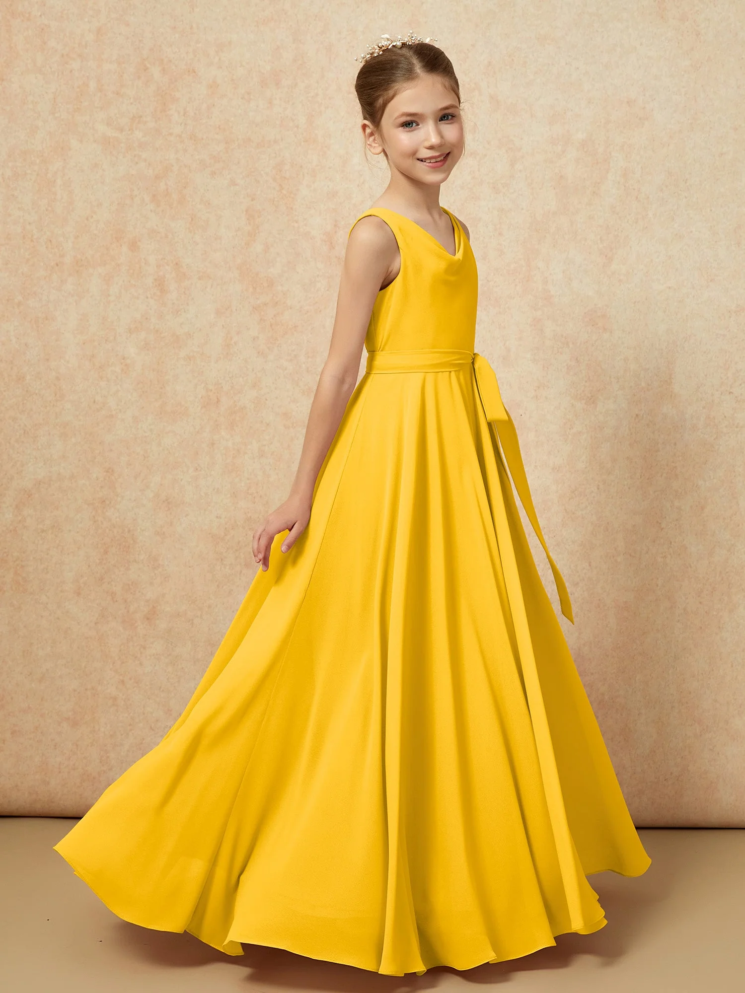 V-Ausschnitt Lang Chiffon Junge Brautjungfernkleider mit Gürtel Ringelblume - Image 3