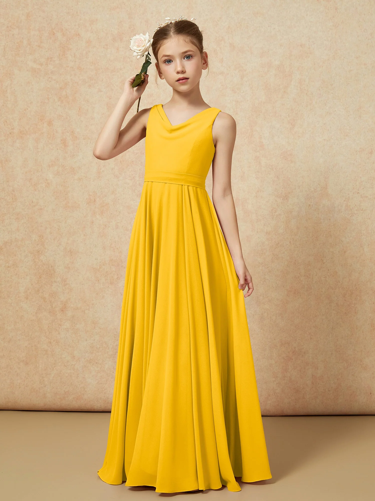 V-Ausschnitt Lang Chiffon Junge Brautjungfernkleider mit Gürtel Ringelblume - Image 4