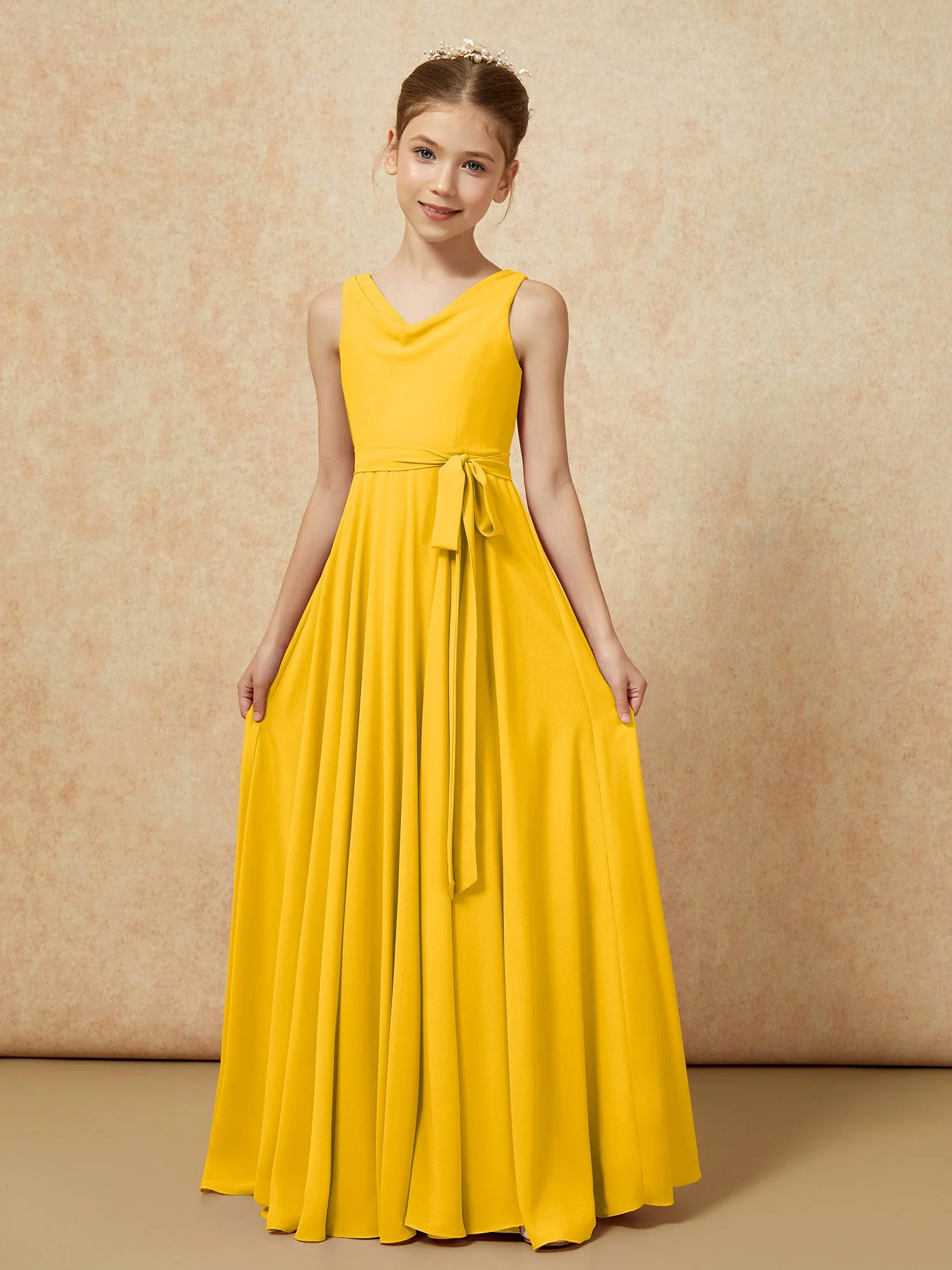 V-Ausschnitt Lang Chiffon Junge Brautjungfernkleider mit Gürtel Ringelblume - Image 5