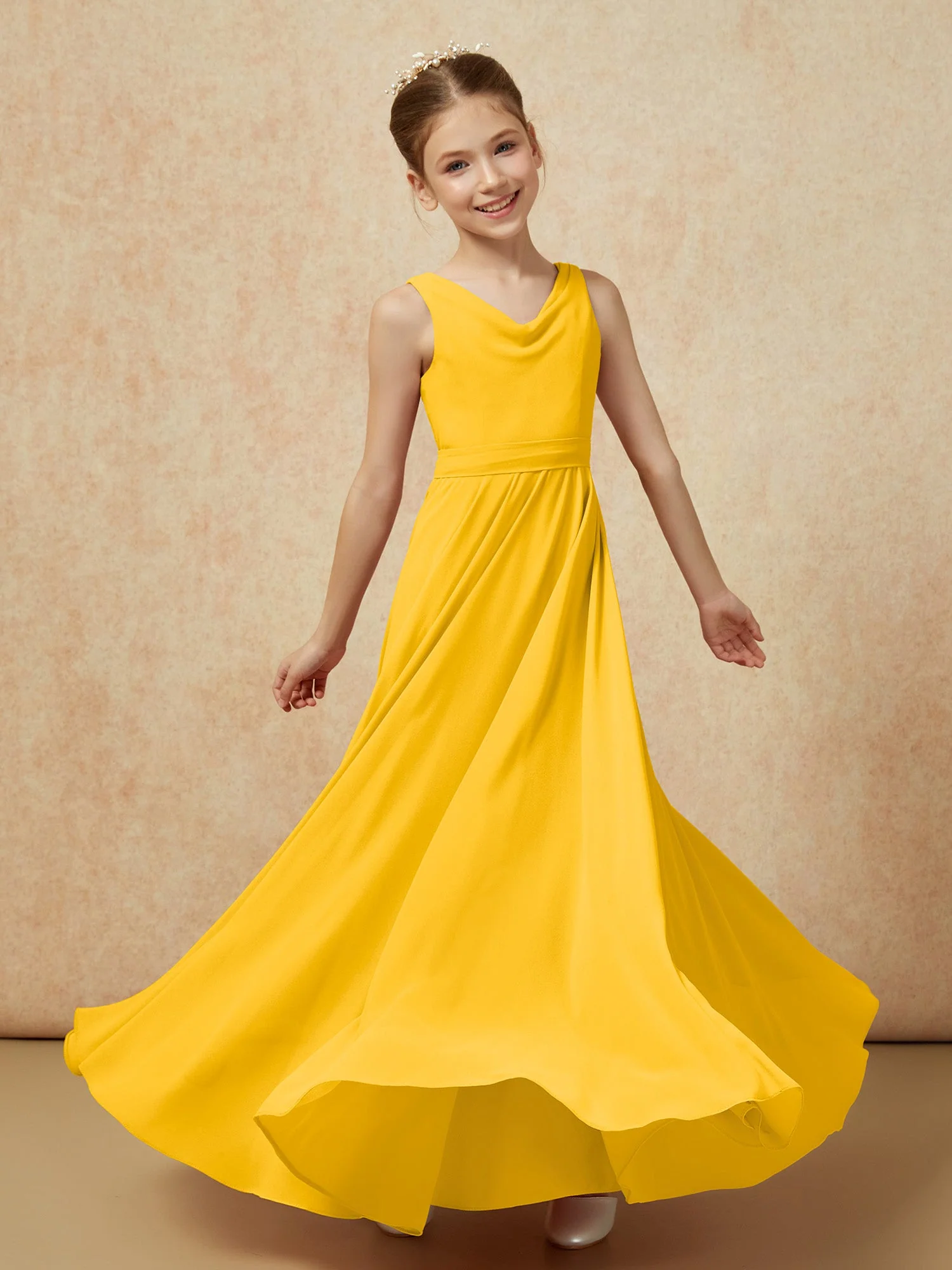 V-Ausschnitt Lang Chiffon Junge Brautjungfernkleider mit Gürtel Ringelblume - Image 6