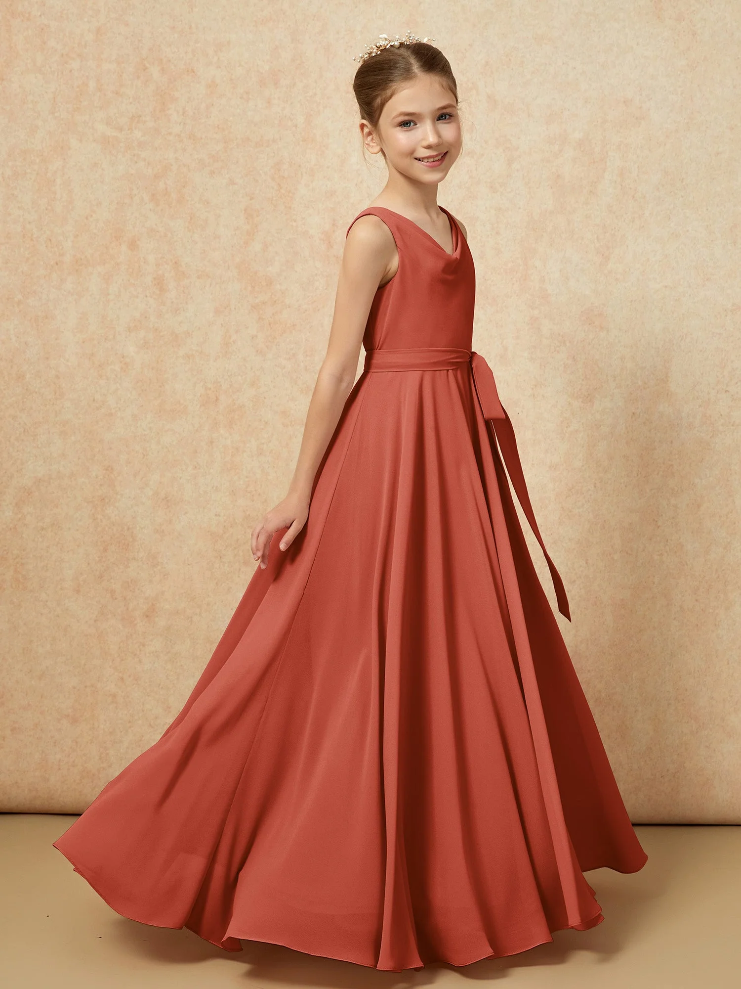 V-Ausschnitt Lang Chiffon Junge Brautjungfernkleider mit Gürtel Rost - Image 3