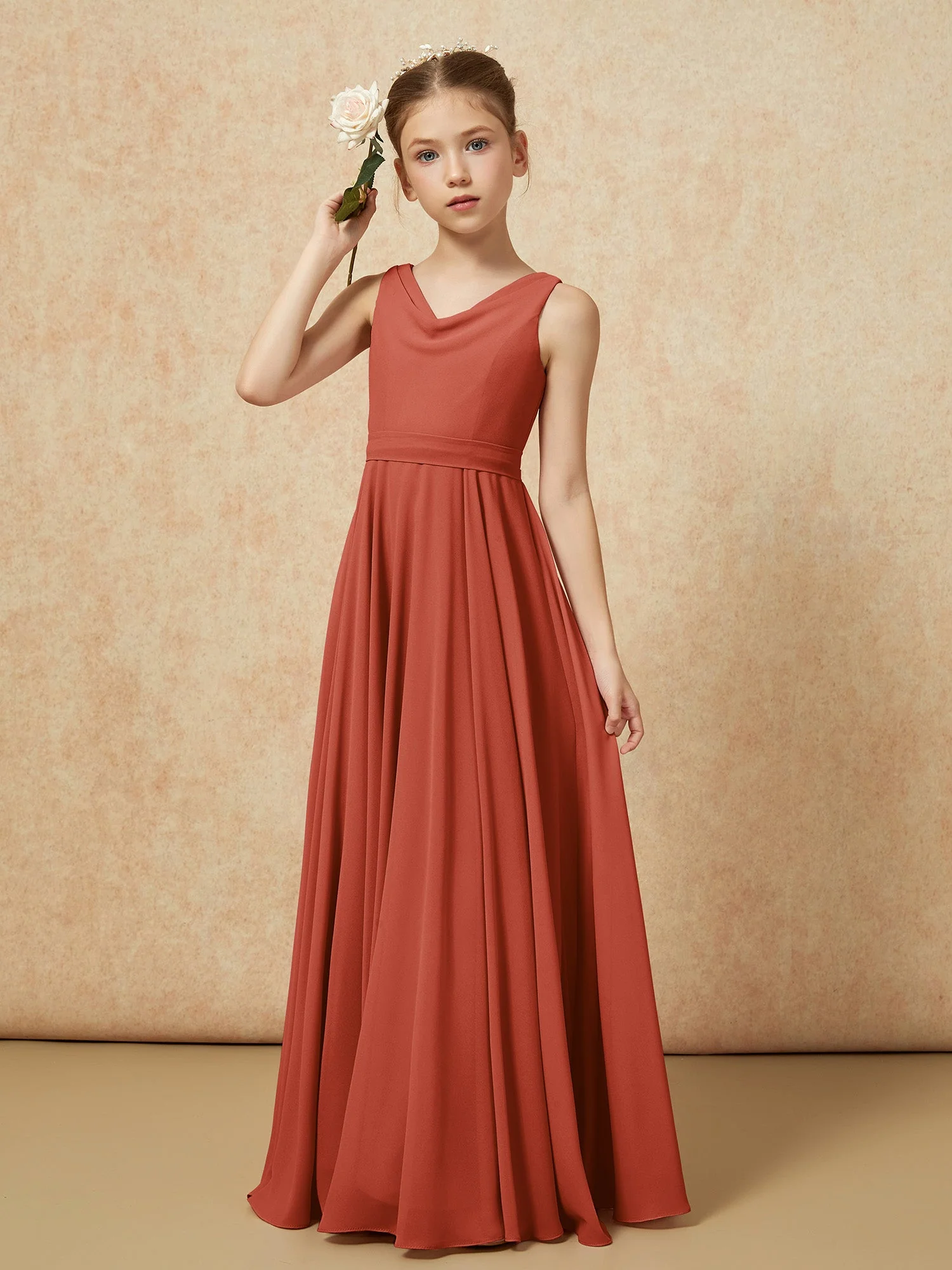 V-Ausschnitt Lang Chiffon Junge Brautjungfernkleider mit Gürtel Rost - Image 4