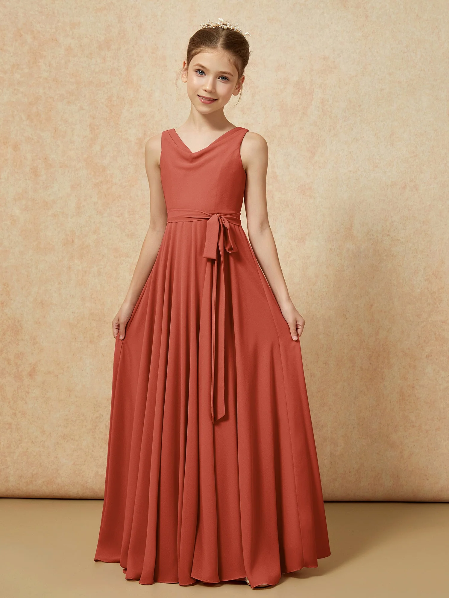 V-Ausschnitt Lang Chiffon Junge Brautjungfernkleider mit Gürtel Rost - Image 5