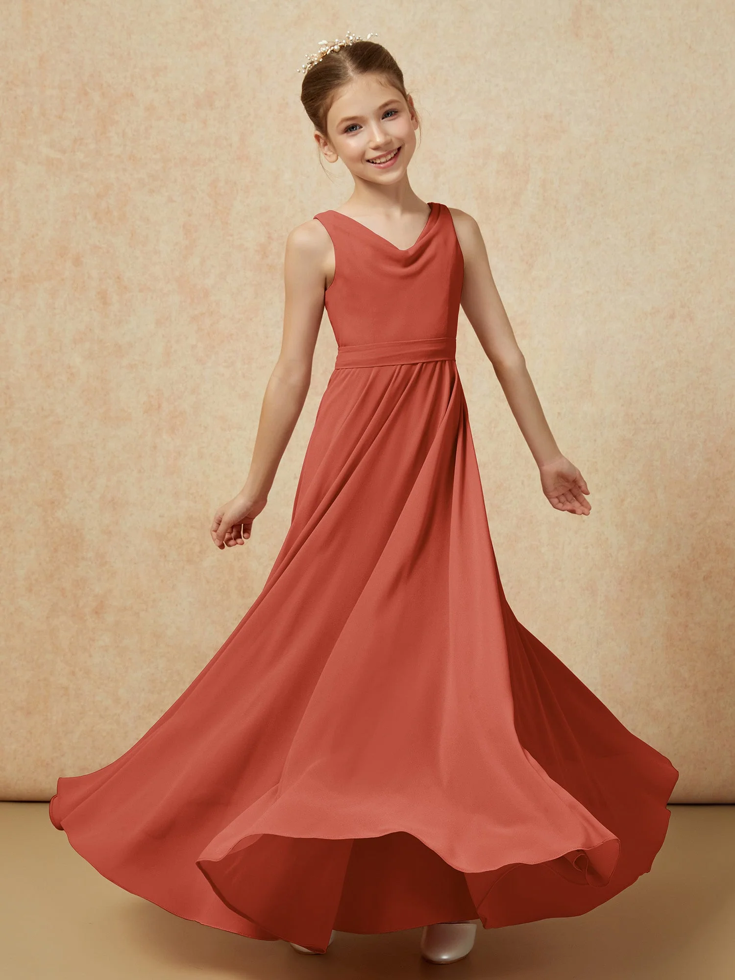 V-Ausschnitt Lang Chiffon Junge Brautjungfernkleider mit Gürtel Rost - Image 6