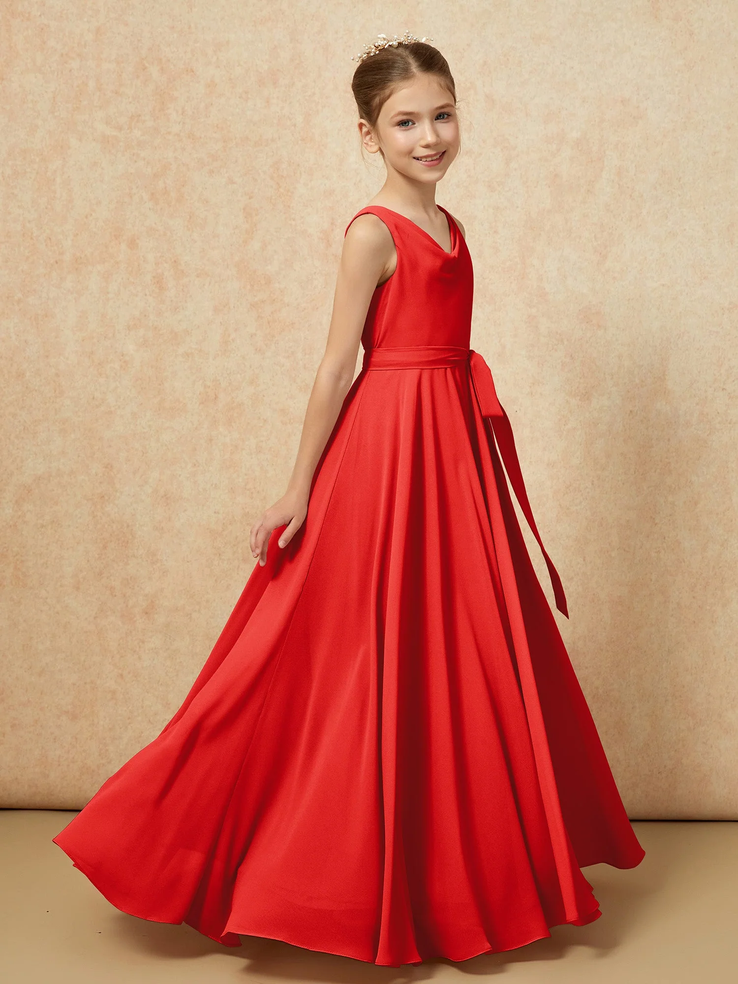 V-Ausschnitt Lang Chiffon Junge Brautjungfernkleider mit Gürtel Rot - Image 3