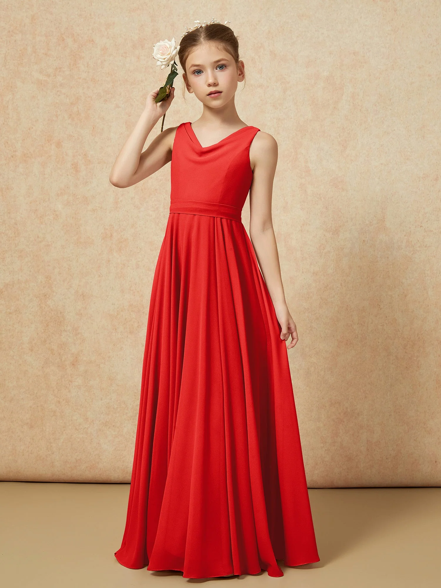 V-Ausschnitt Lang Chiffon Junge Brautjungfernkleider mit Gürtel Rot - Image 4
