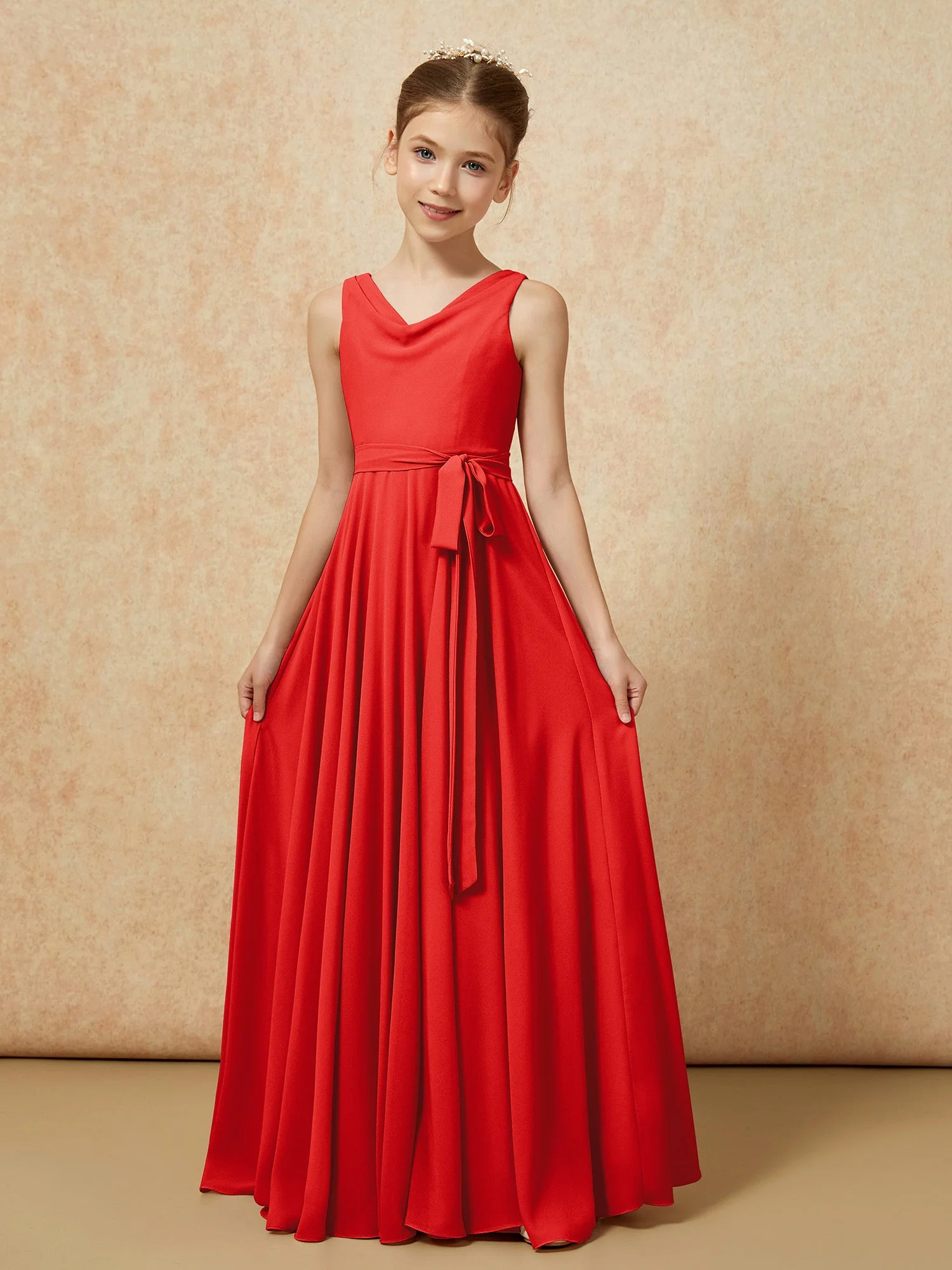 V-Ausschnitt Lang Chiffon Junge Brautjungfernkleider mit Gürtel Rot - Image 5