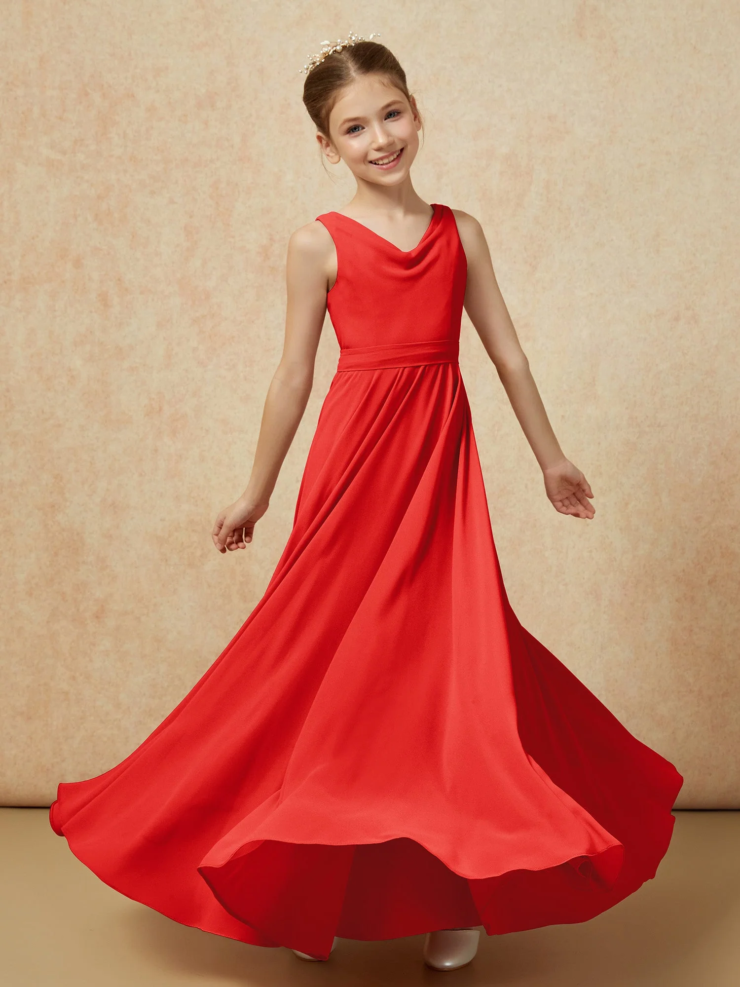 V-Ausschnitt Lang Chiffon Junge Brautjungfernkleider mit Gürtel Rot - Image 6