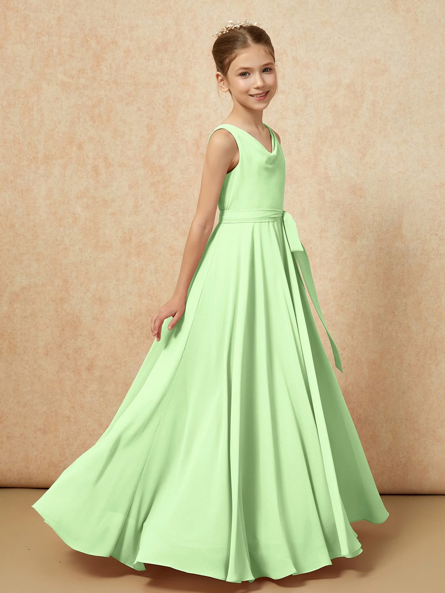 V-Ausschnitt Lang Chiffon Junge Brautjungfernkleider mit Gürtel Salbei - Image 3
