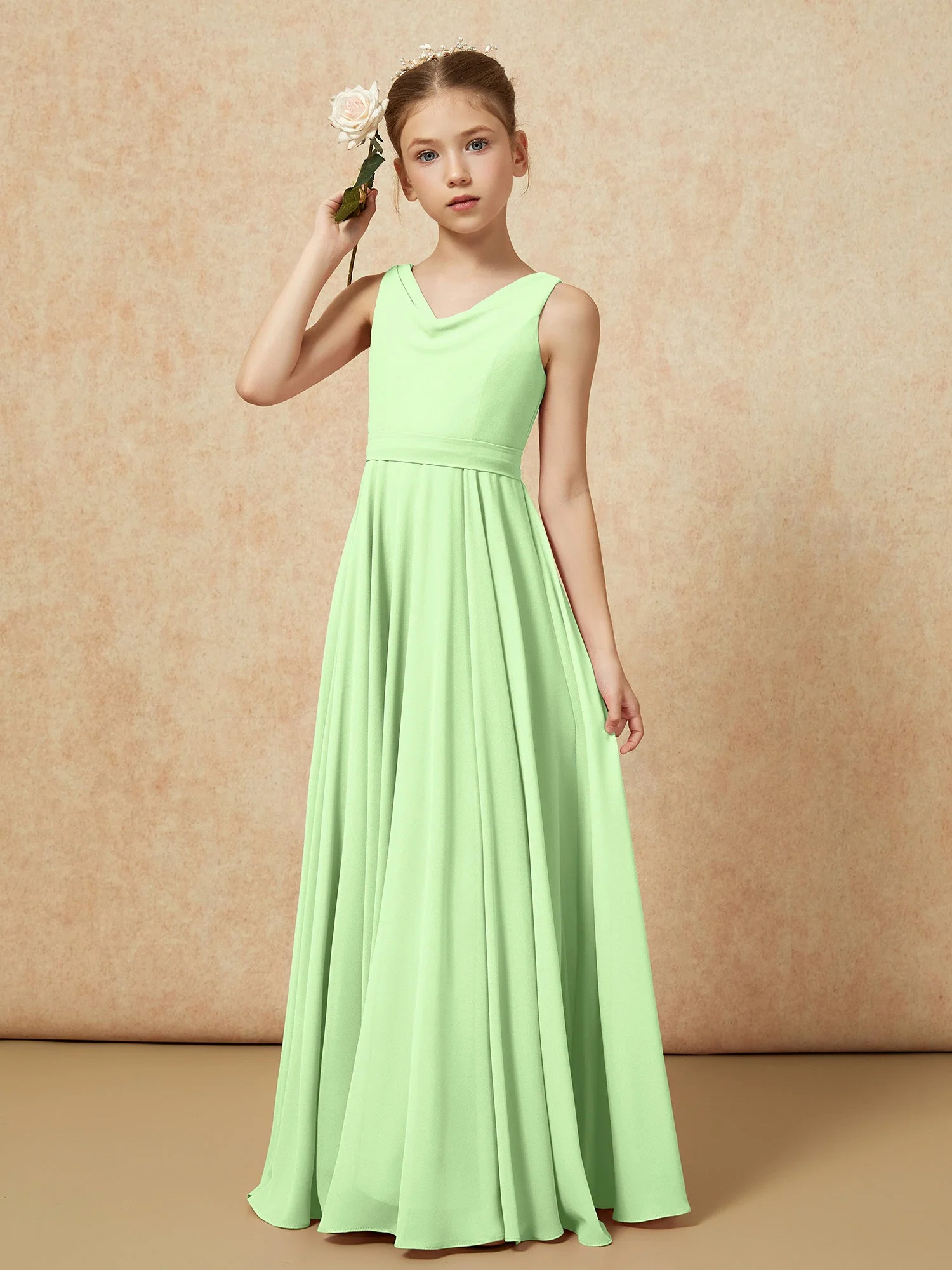 V-Ausschnitt Lang Chiffon Junge Brautjungfernkleider mit Gürtel Salbei - Image 4