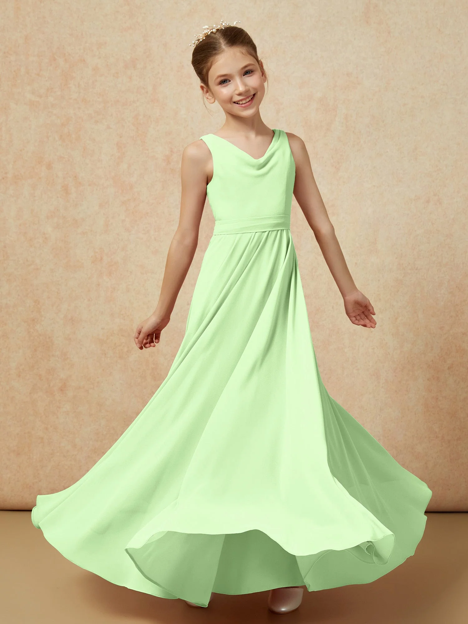 V-Ausschnitt Lang Chiffon Junge Brautjungfernkleider mit Gürtel Salbei - Image 6