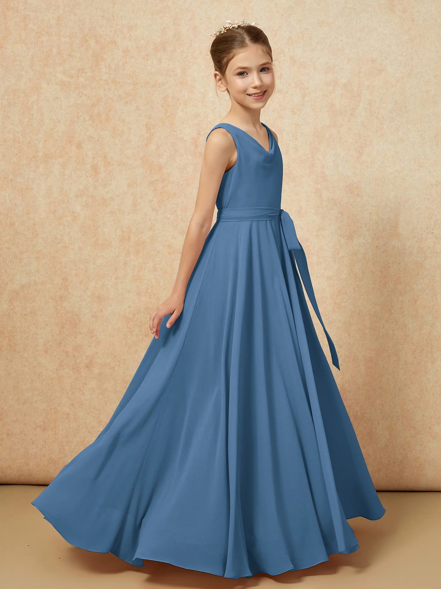 V-Ausschnitt Lang Chiffon Junge Brautjungfernkleider mit Gürtel Schiefer Blau - Image 3