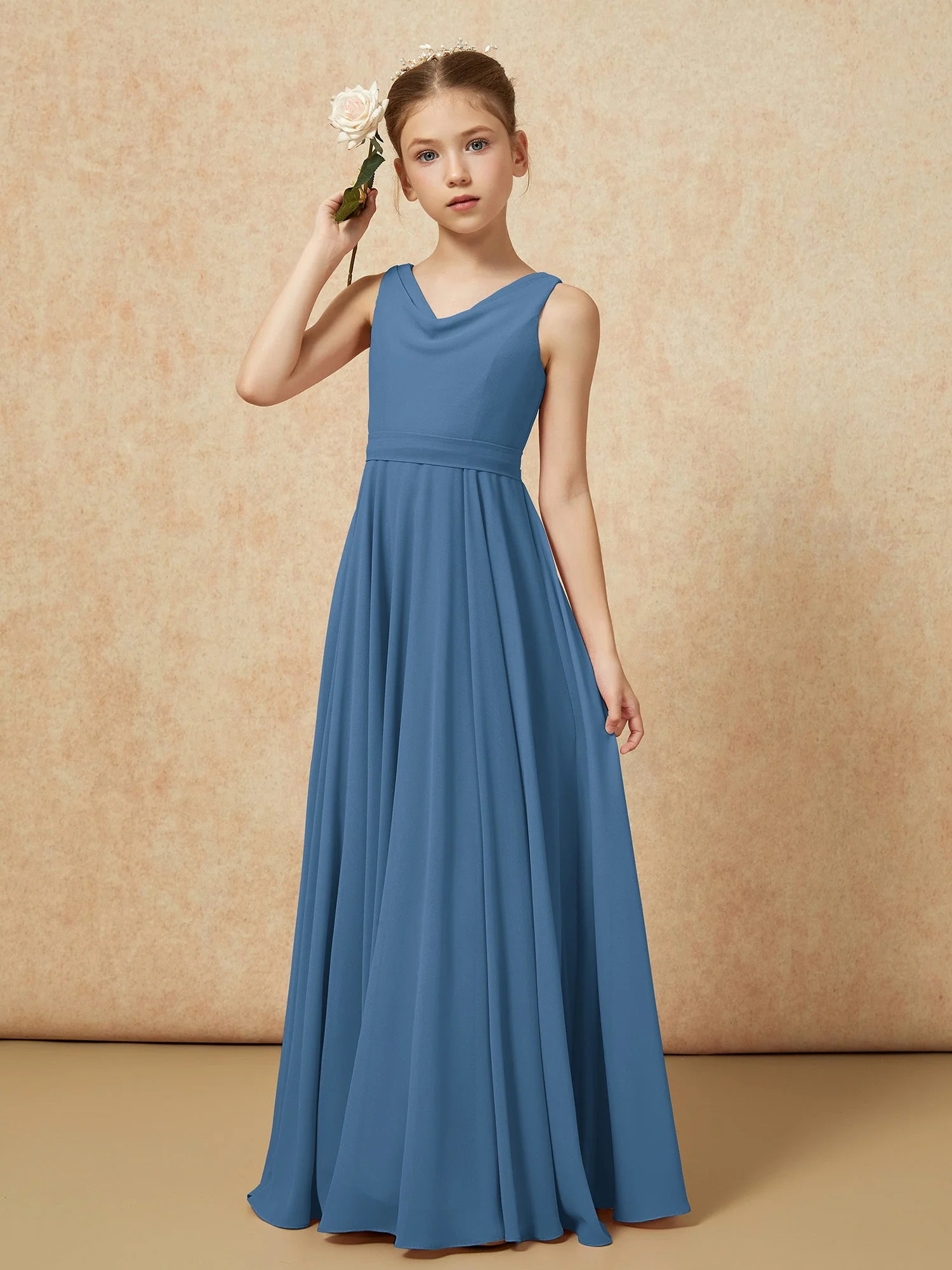 V-Ausschnitt Lang Chiffon Junge Brautjungfernkleider mit Gürtel Schiefer Blau - Image 4