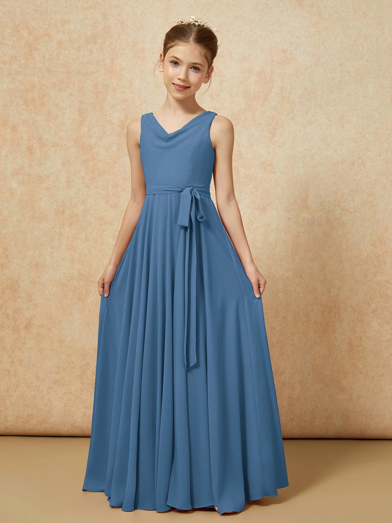 V-Ausschnitt Lang Chiffon Junge Brautjungfernkleider mit Gürtel Schiefer Blau - Image 5