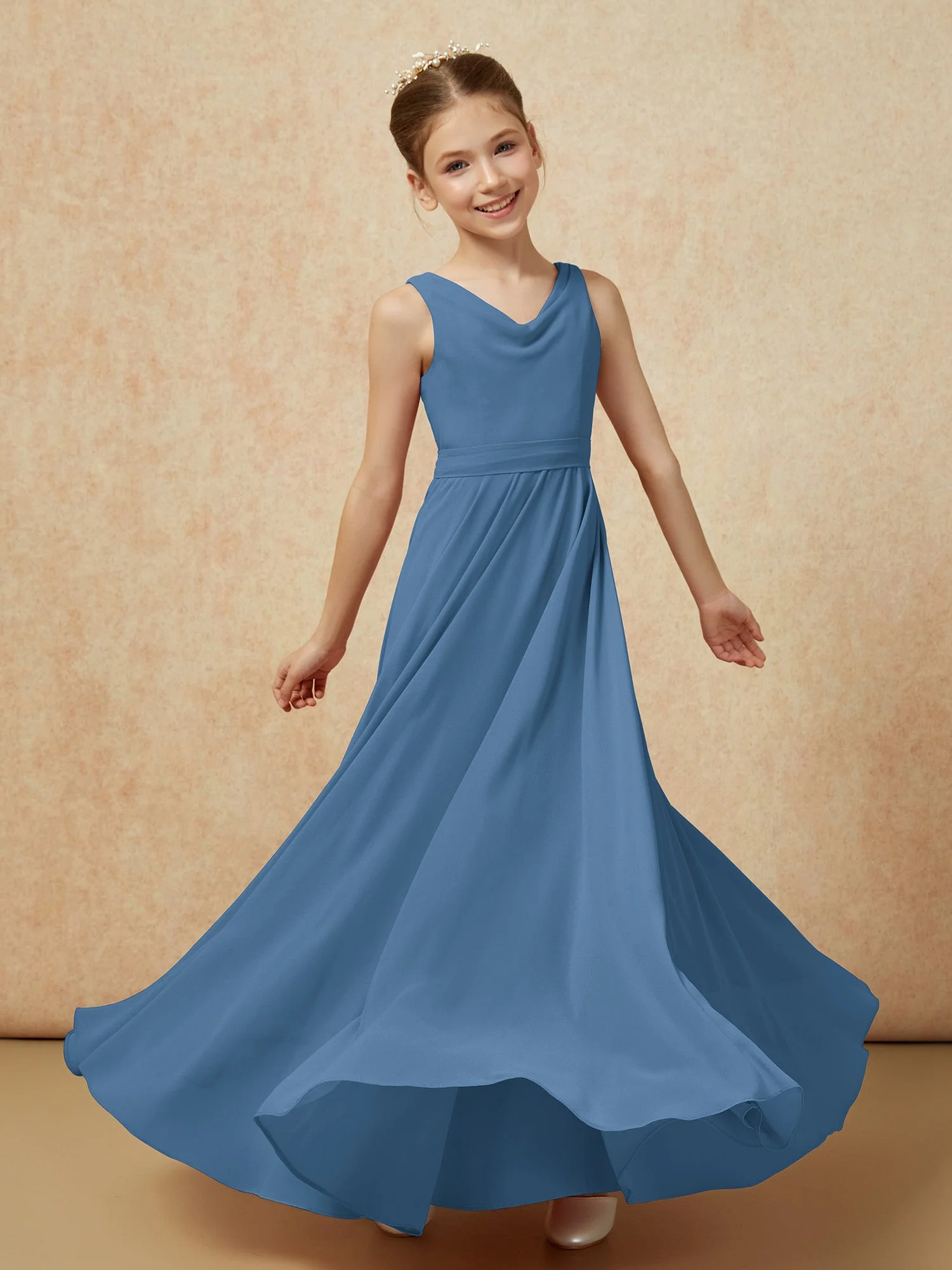 V-Ausschnitt Lang Chiffon Junge Brautjungfernkleider mit Gürtel Schiefer Blau - Image 6