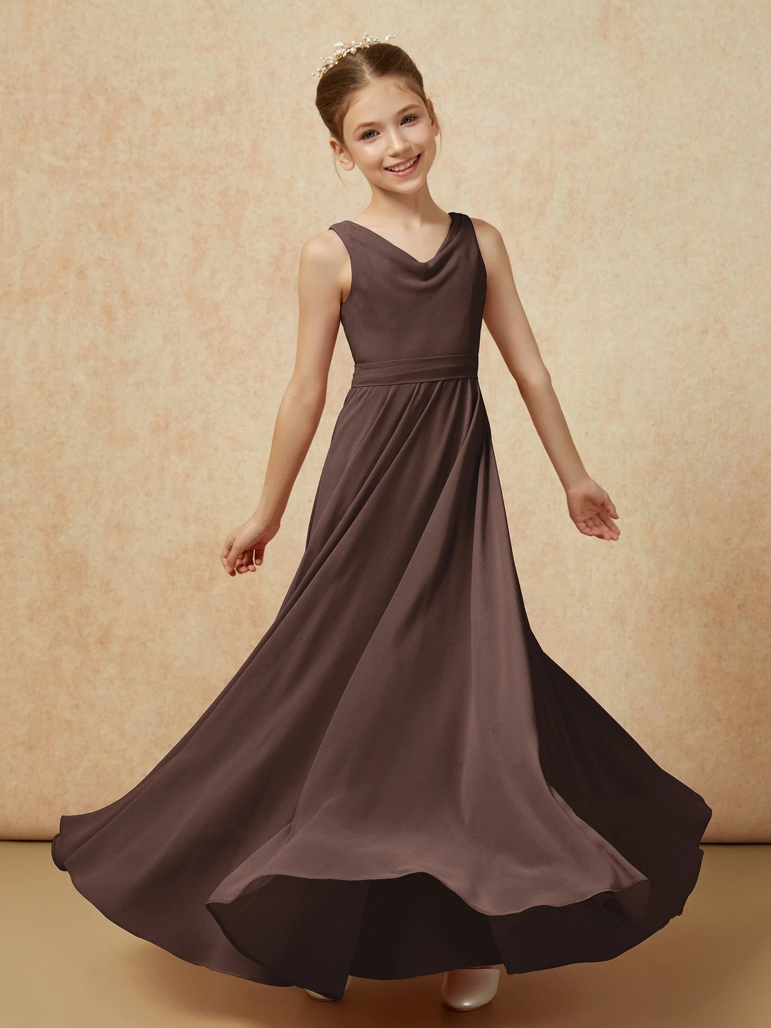V-Ausschnitt Lang Chiffon Junge Brautjungfernkleider mit Gürtel Schokolade - Image 6