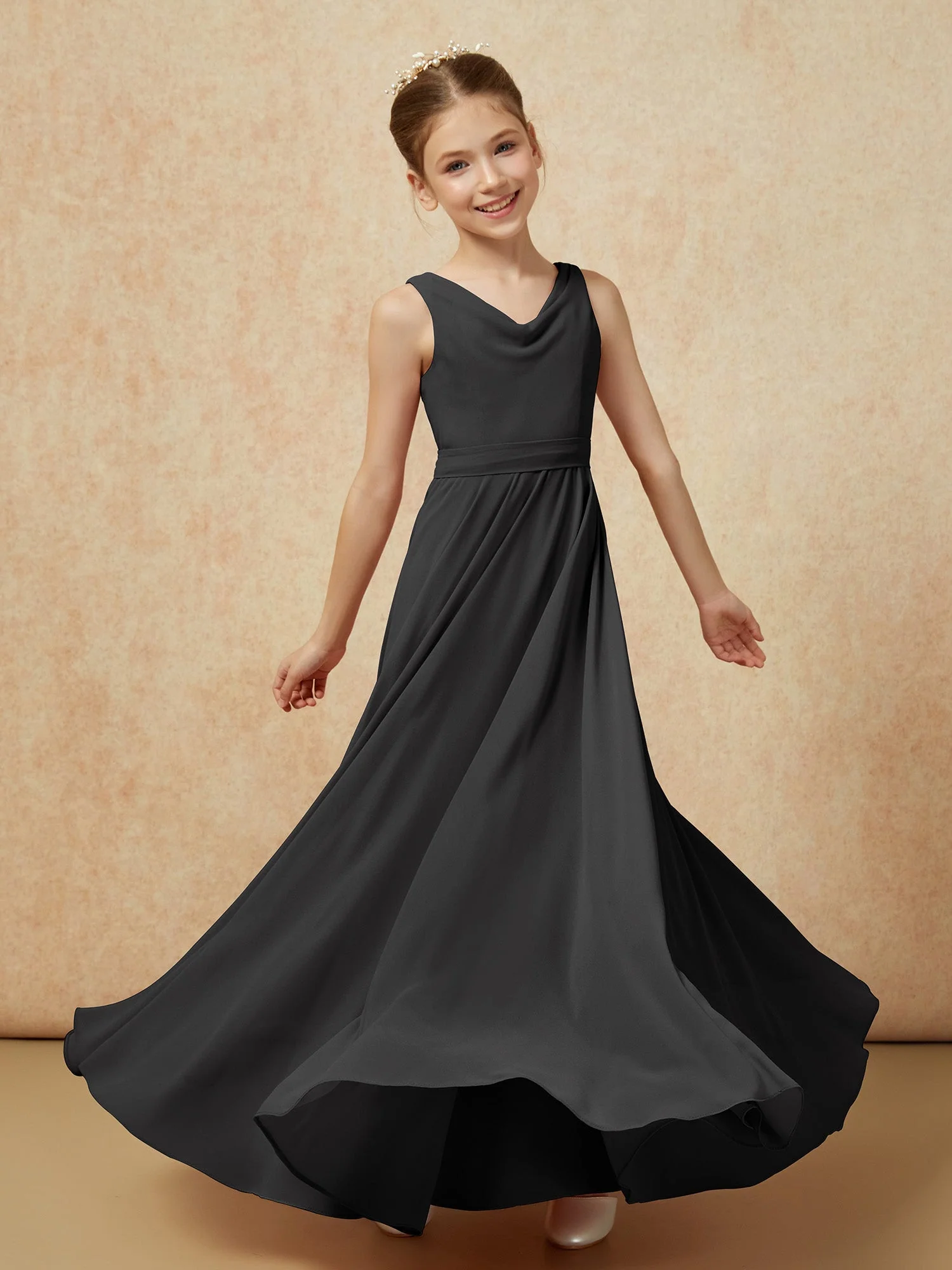 V-Ausschnitt Lang Chiffon Junge Brautjungfernkleider mit Gürtel Schwarz - Image 6