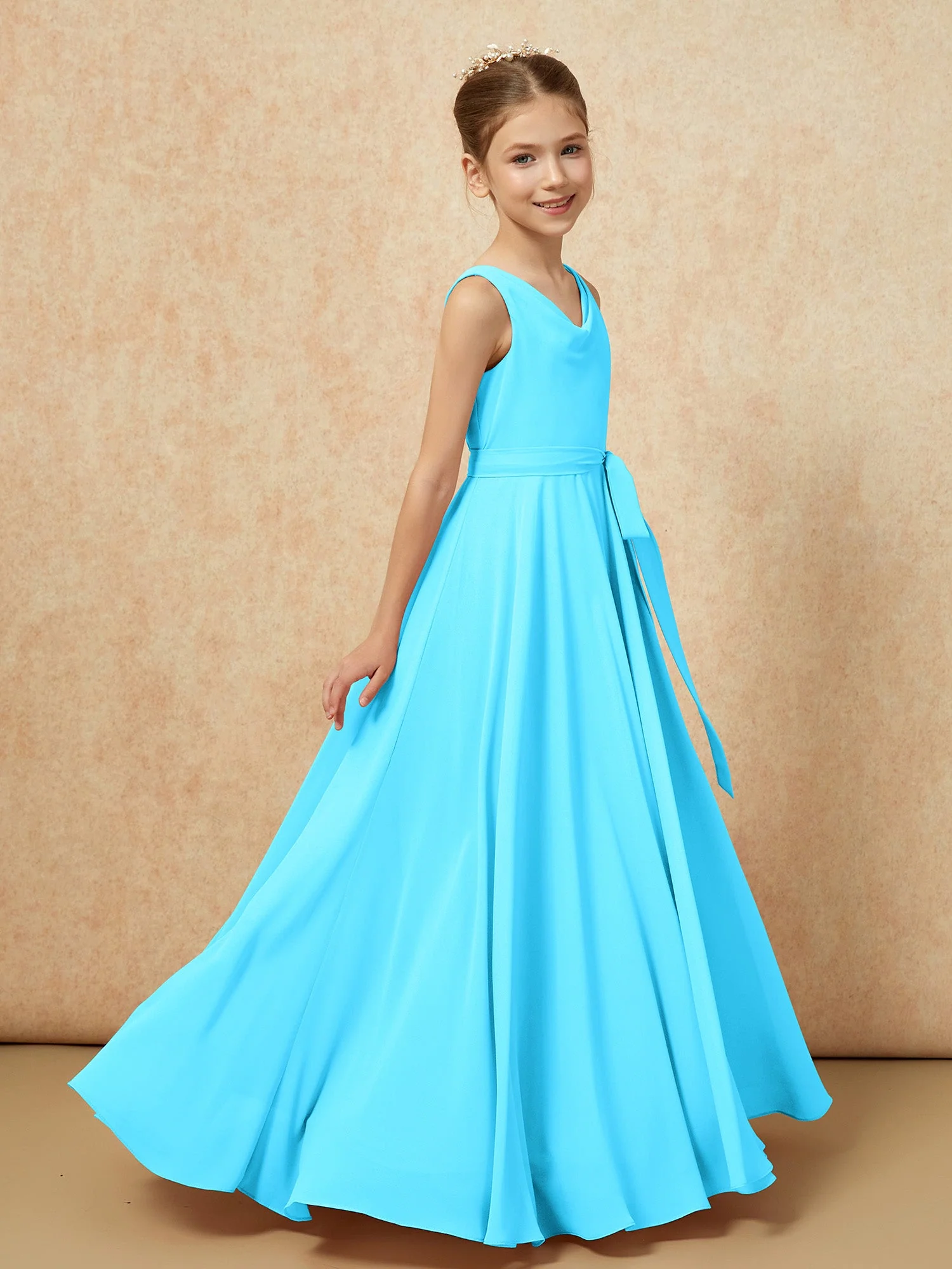 V-Ausschnitt Lang Chiffon Junge Brautjungfernkleider mit Gürtel Schwimmbadblau - Image 3