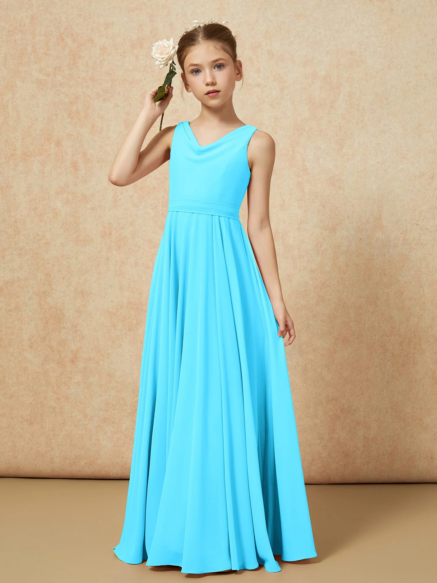 V-Ausschnitt Lang Chiffon Junge Brautjungfernkleider mit Gürtel Schwimmbadblau - Image 4