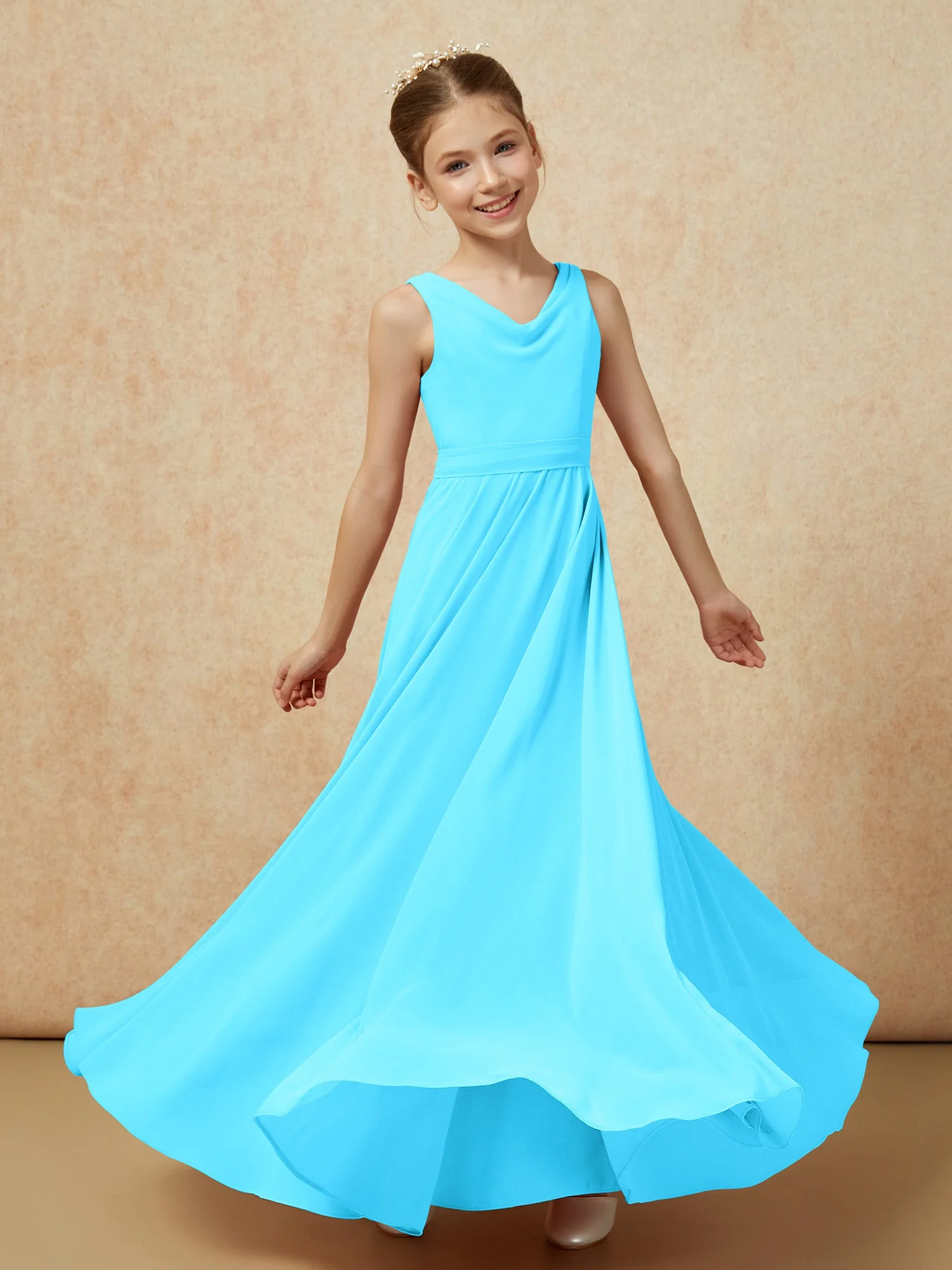 V-Ausschnitt Lang Chiffon Junge Brautjungfernkleider mit Gürtel Schwimmbadblau - Image 6