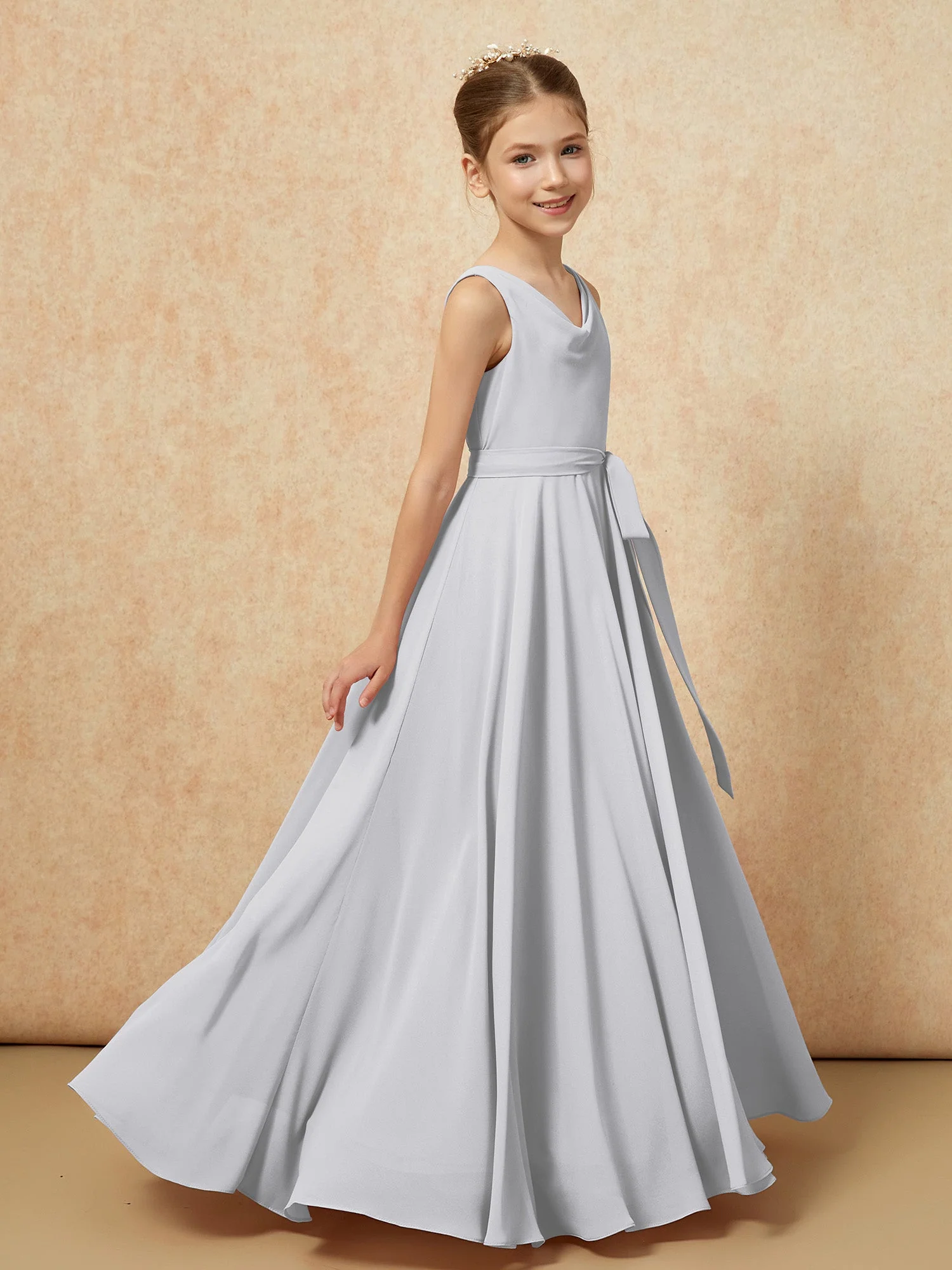 V-Ausschnitt Lang Chiffon Junge Brautjungfernkleider mit Gürtel Silber - Image 3
