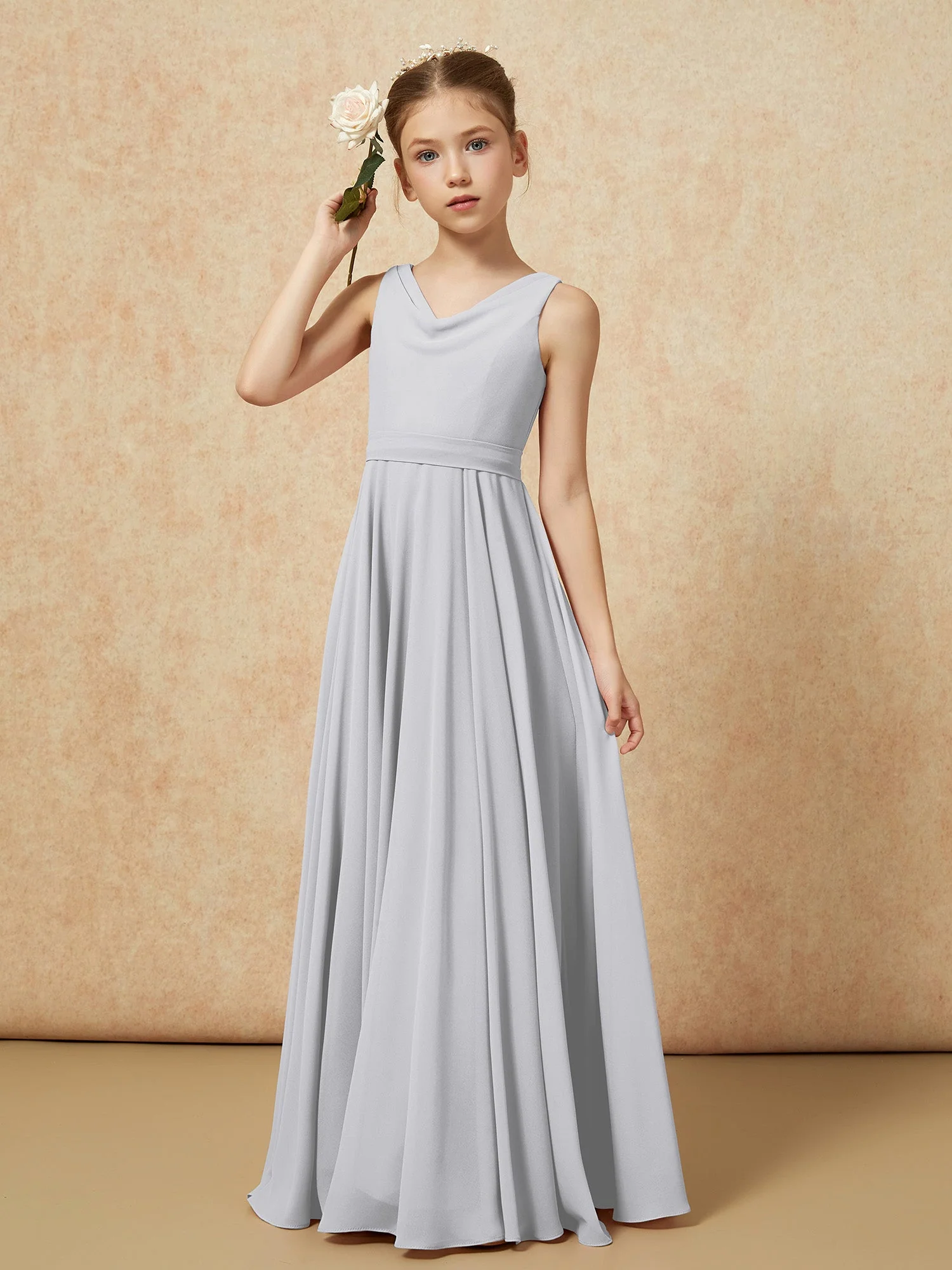 V-Ausschnitt Lang Chiffon Junge Brautjungfernkleider mit Gürtel Silber - Image 4