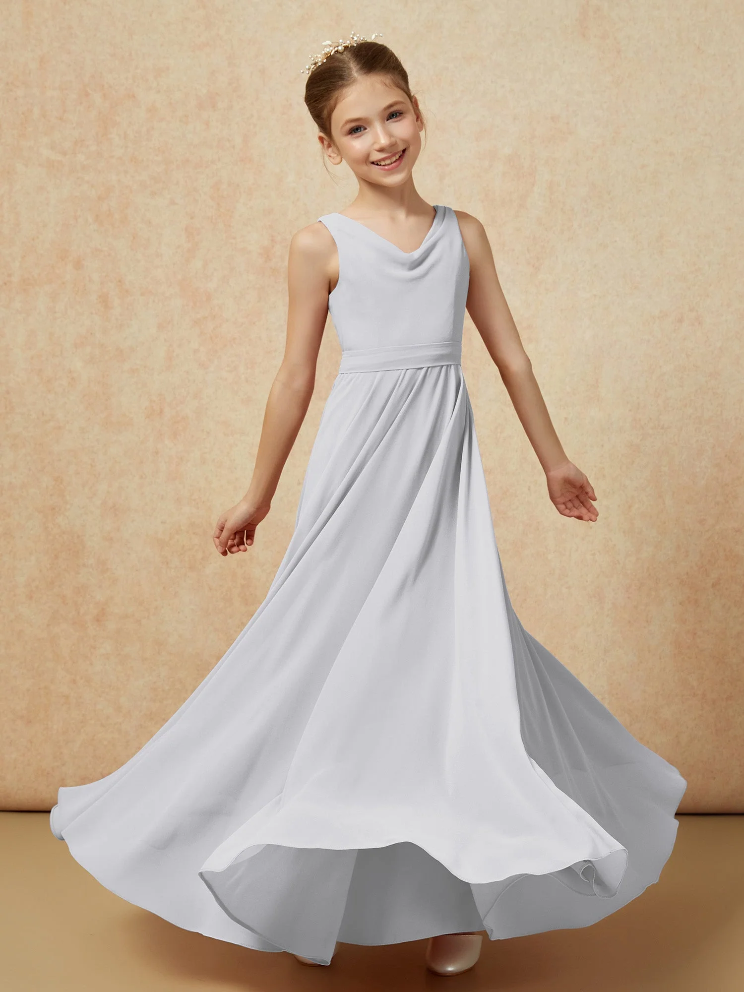 V-Ausschnitt Lang Chiffon Junge Brautjungfernkleider mit Gürtel Silber - Image 6