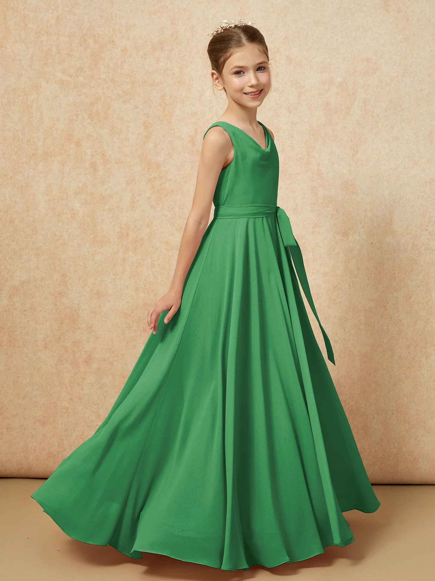 V-Ausschnitt Lang Chiffon Junge Brautjungfernkleider mit Gürtel Smaragd - Image 3