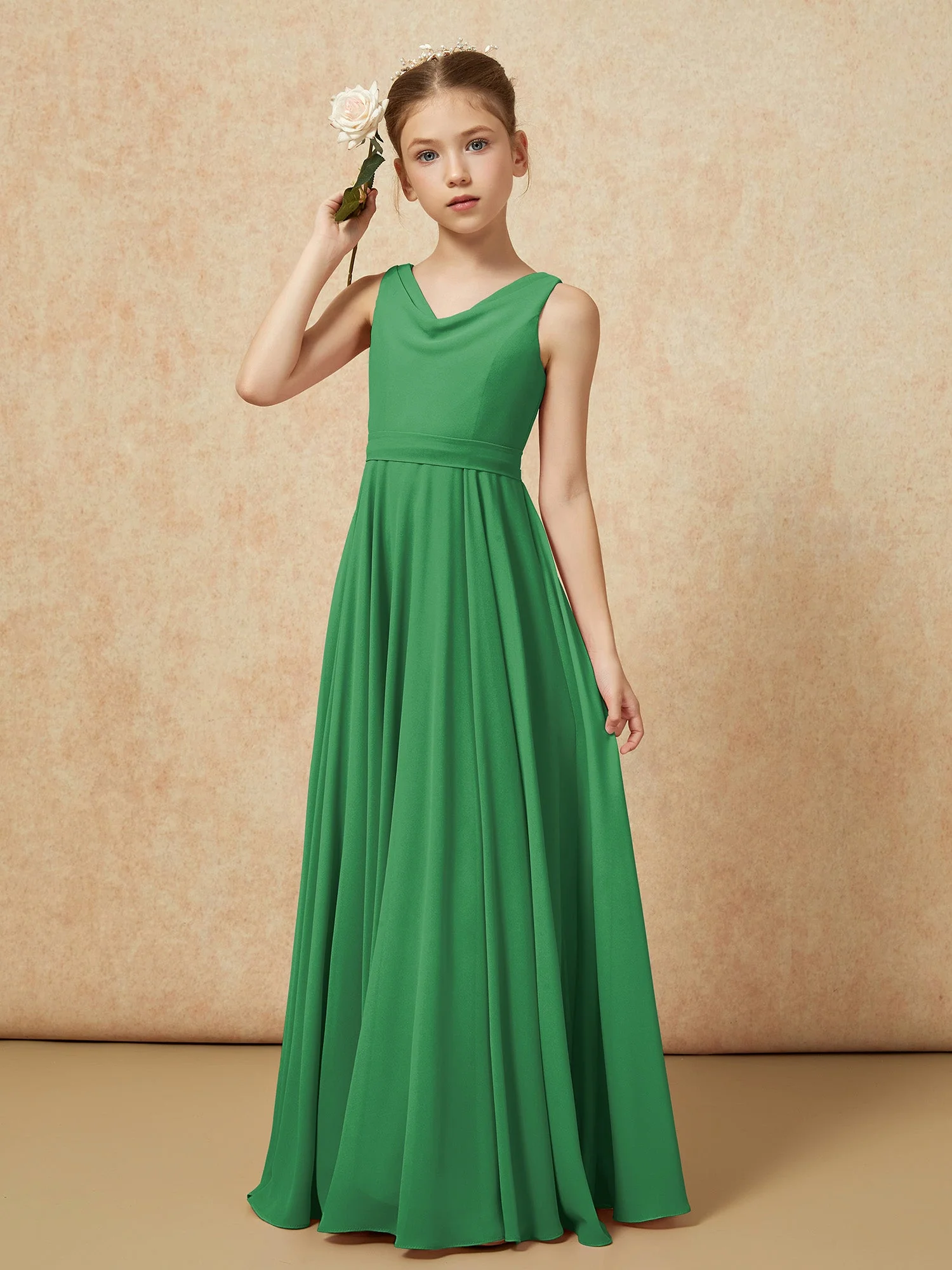 V-Ausschnitt Lang Chiffon Junge Brautjungfernkleider mit Gürtel Smaragd - Image 4