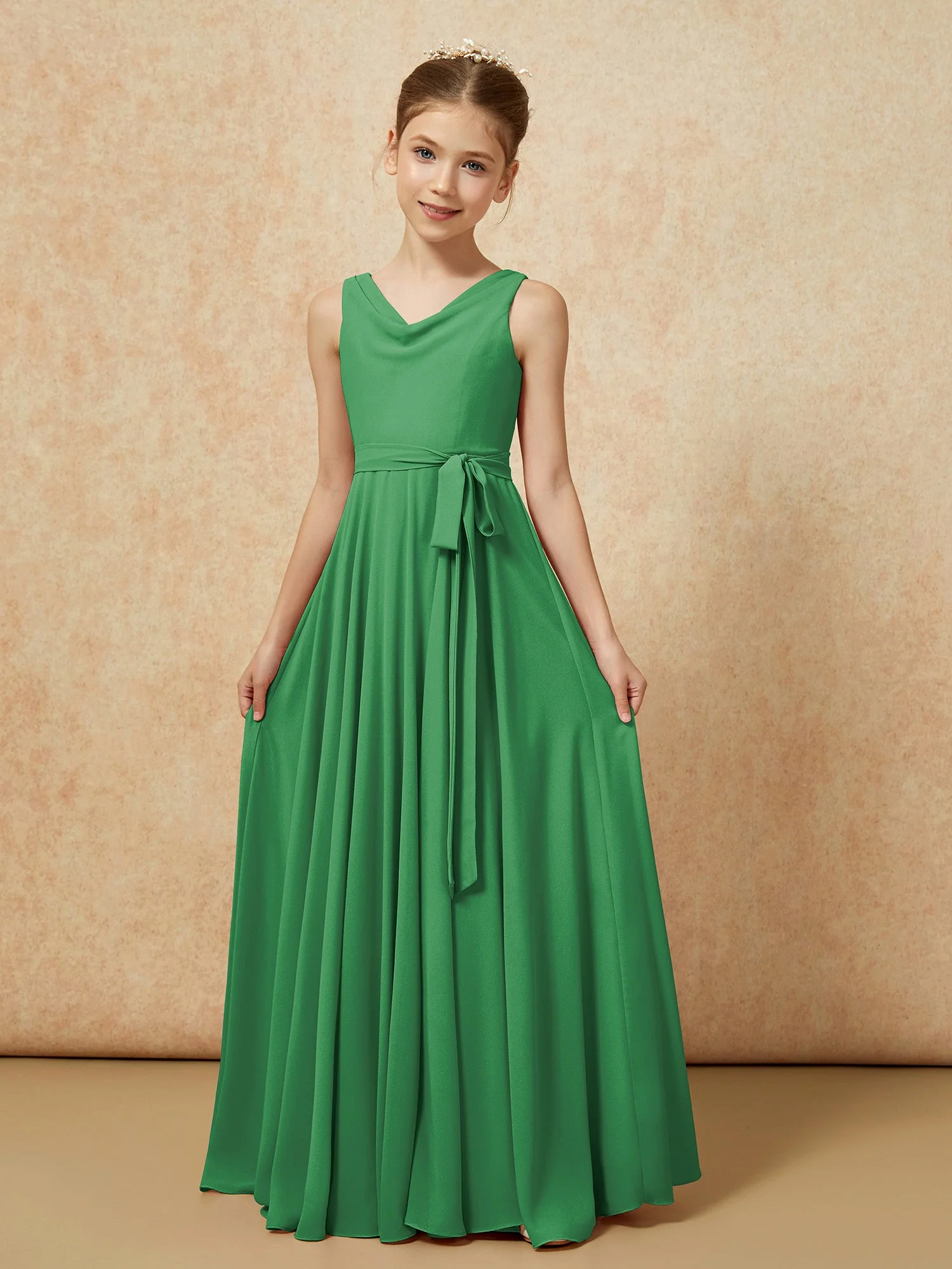 V-Ausschnitt Lang Chiffon Junge Brautjungfernkleider mit Gürtel Smaragd - Image 5