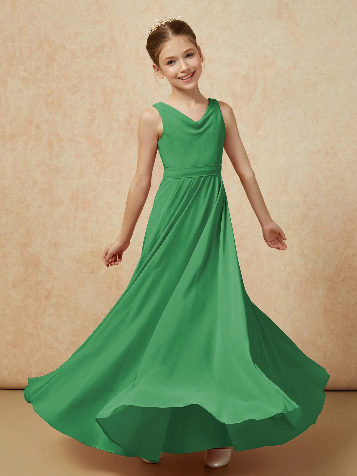 V-Ausschnitt Lang Chiffon Junge Brautjungfernkleider mit Gürtel Smaragd - Image 6