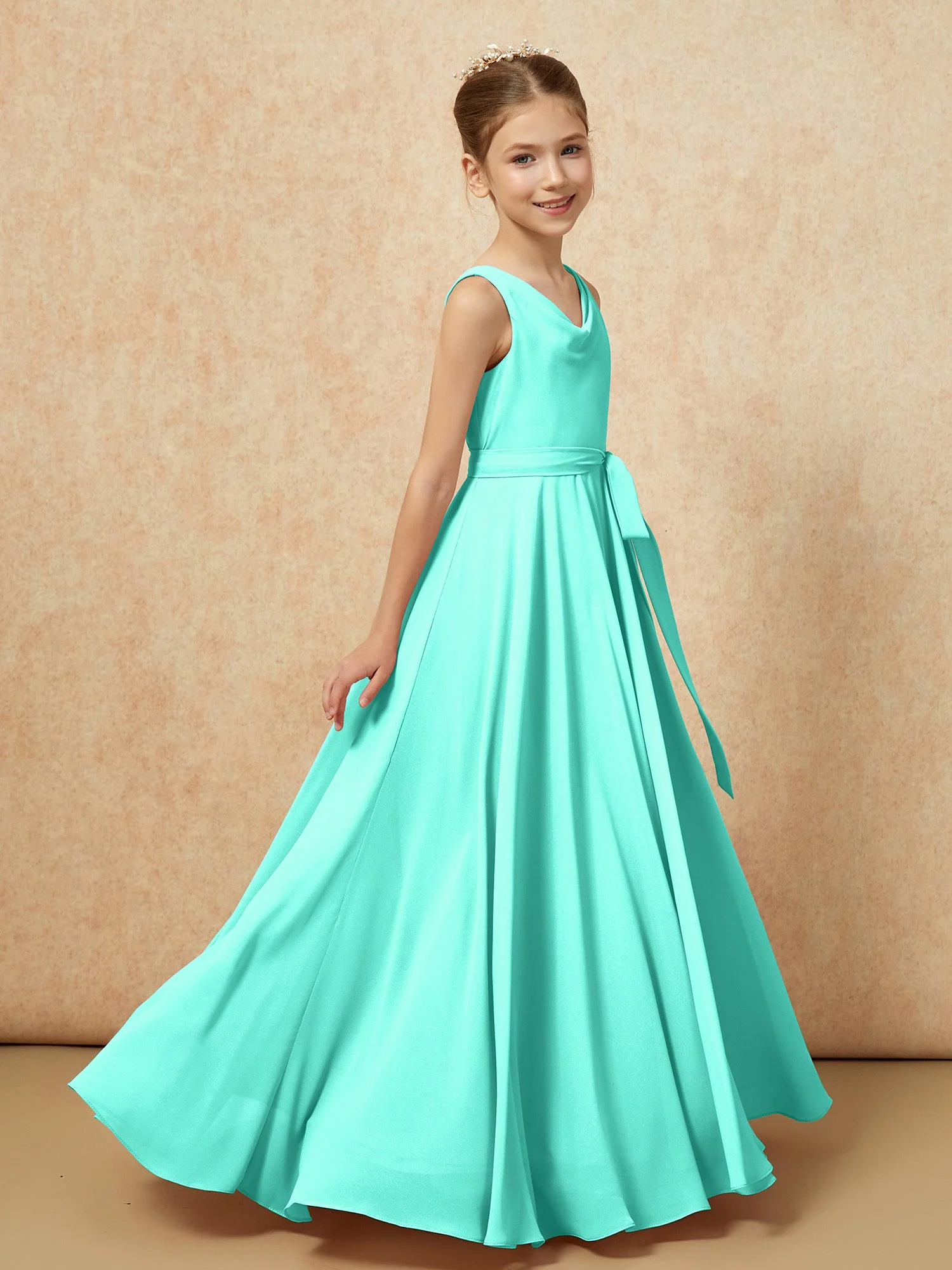 V-Ausschnitt Lang Chiffon Junge Brautjungfernkleider mit Gürtel Spa - Image 3