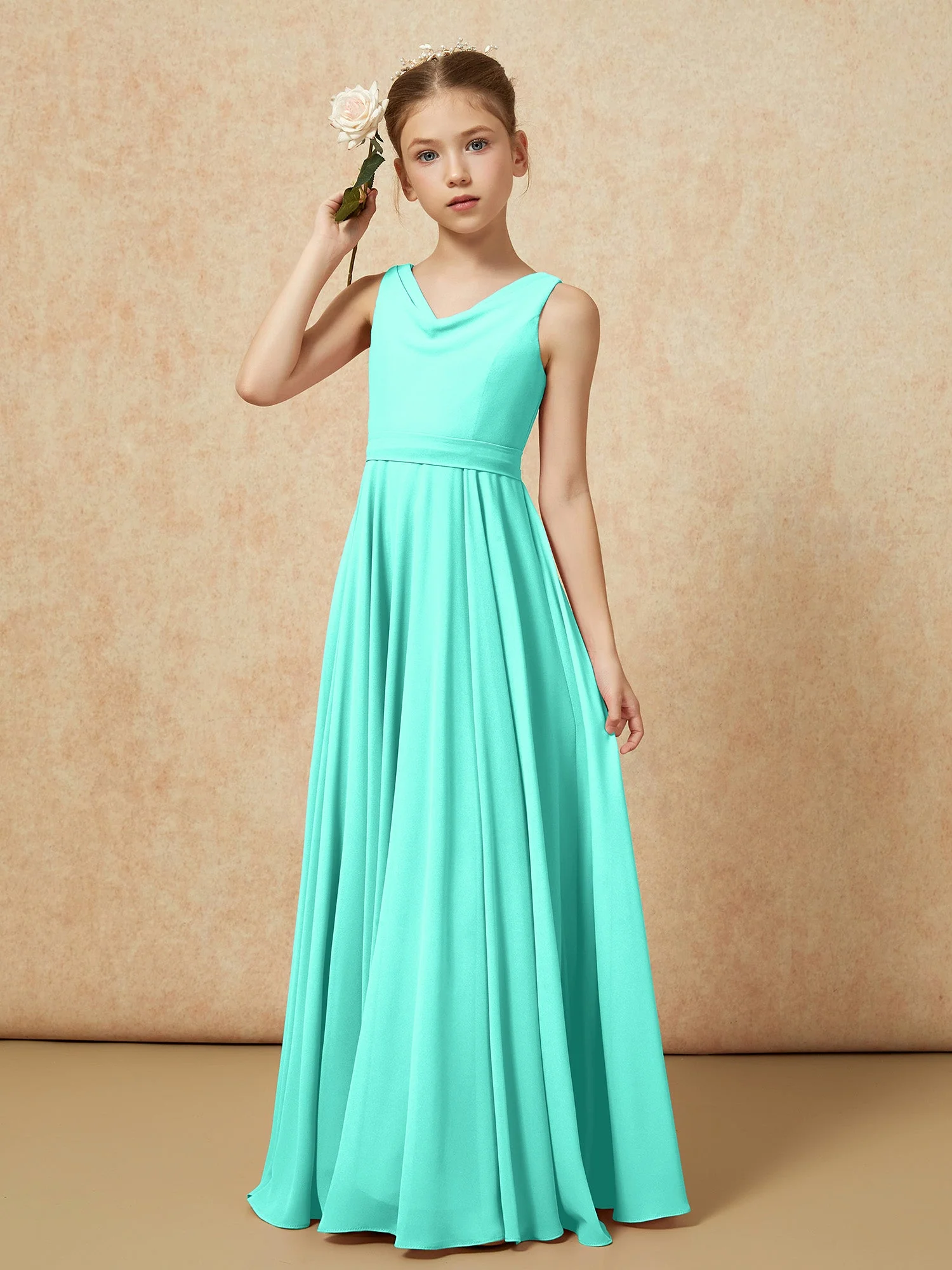 V-Ausschnitt Lang Chiffon Junge Brautjungfernkleider mit Gürtel Spa - Image 4