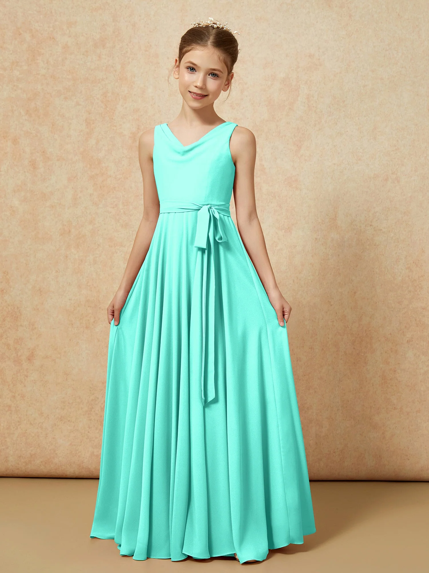 V-Ausschnitt Lang Chiffon Junge Brautjungfernkleider mit Gürtel Spa - Image 5