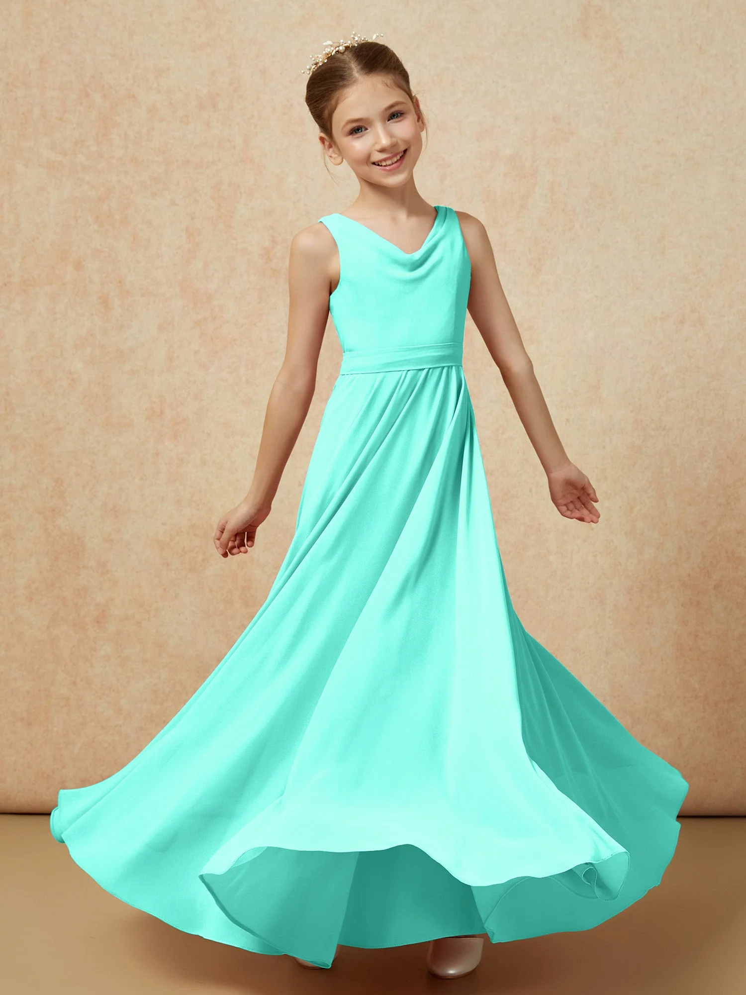 V-Ausschnitt Lang Chiffon Junge Brautjungfernkleider mit Gürtel Spa - Image 6