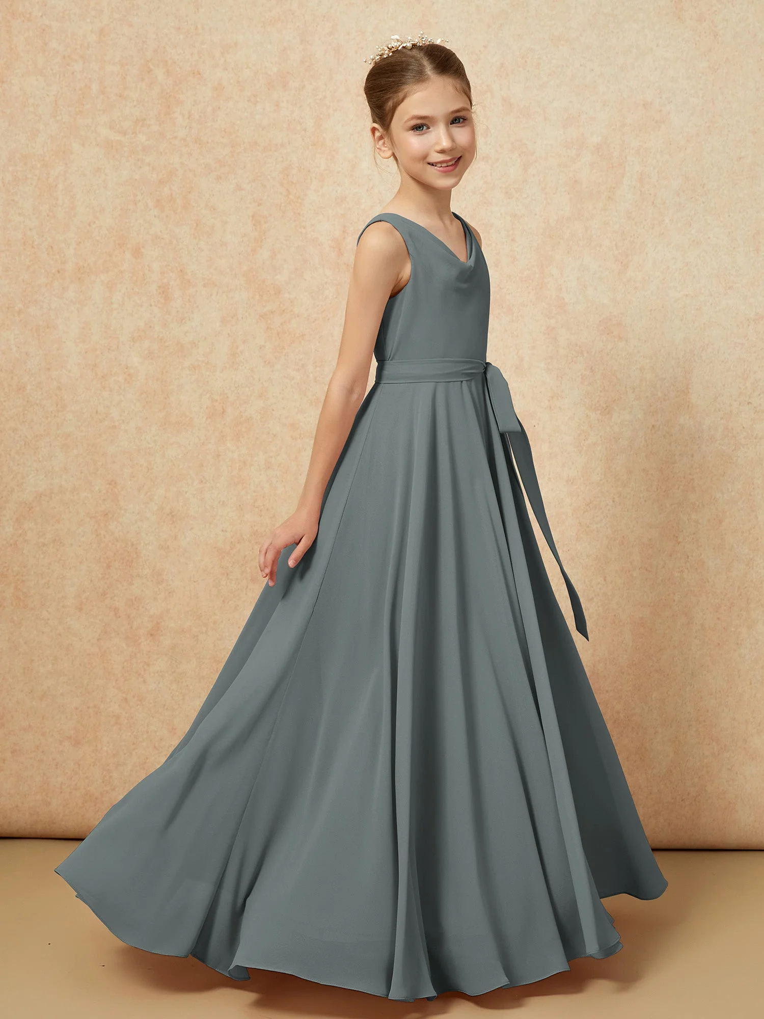 V-Ausschnitt Lang Chiffon Junge Brautjungfernkleider mit Gürtel Stahlgrau - Image 3