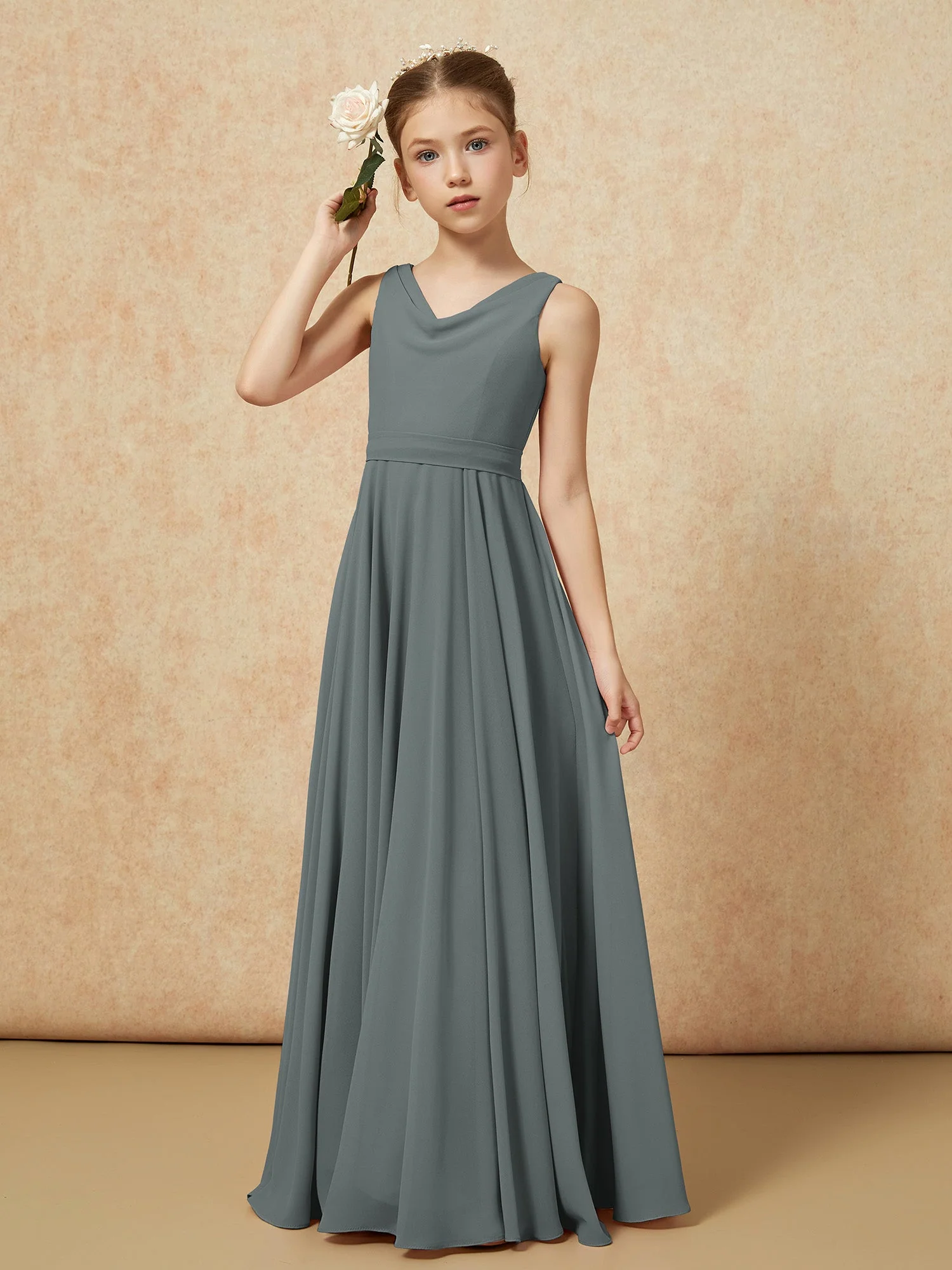 V-Ausschnitt Lang Chiffon Junge Brautjungfernkleider mit Gürtel Stahlgrau - Image 4
