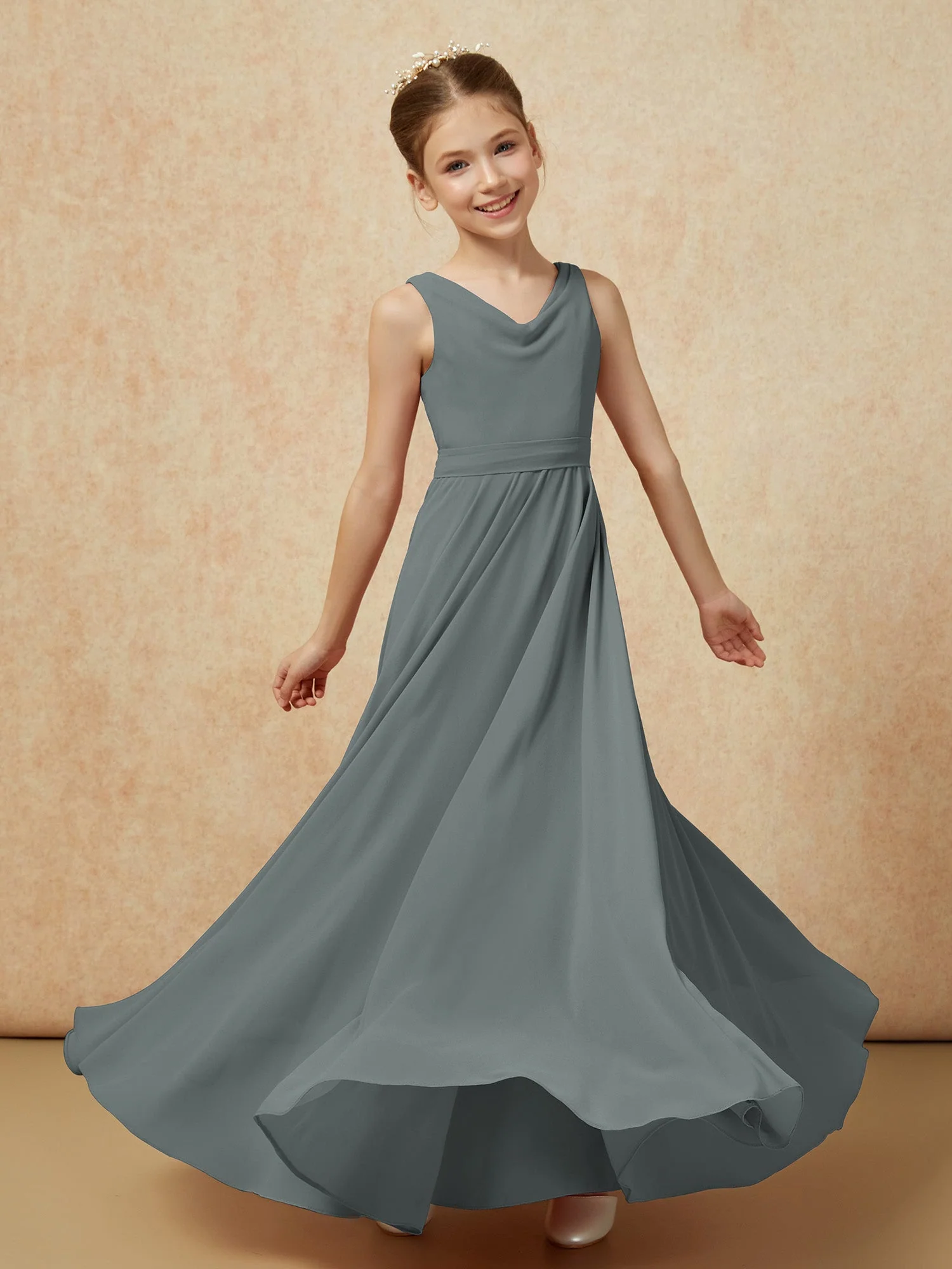 V-Ausschnitt Lang Chiffon Junge Brautjungfernkleider mit Gürtel Stahlgrau - Image 6